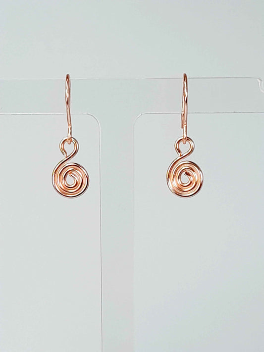 Tiny Rose Gold Spiral Earrings, Handmade Dainty Lightweight Swirl Drops