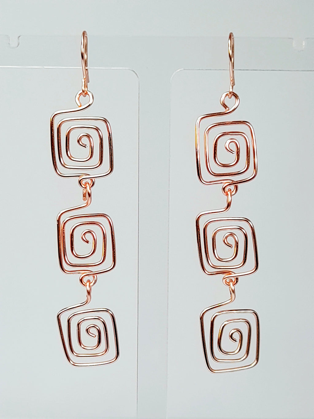 Handmade Rose Gold‑Plated Square Spiral Earrings, Large Geometric Statement Dangle Jewellery