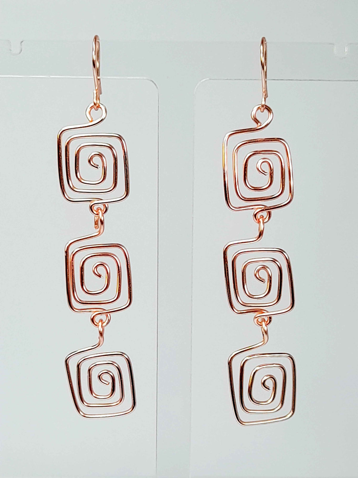 Handmade Rose Gold‑Plated Square Spiral Earrings, Large Geometric Statement Dangle Jewellery