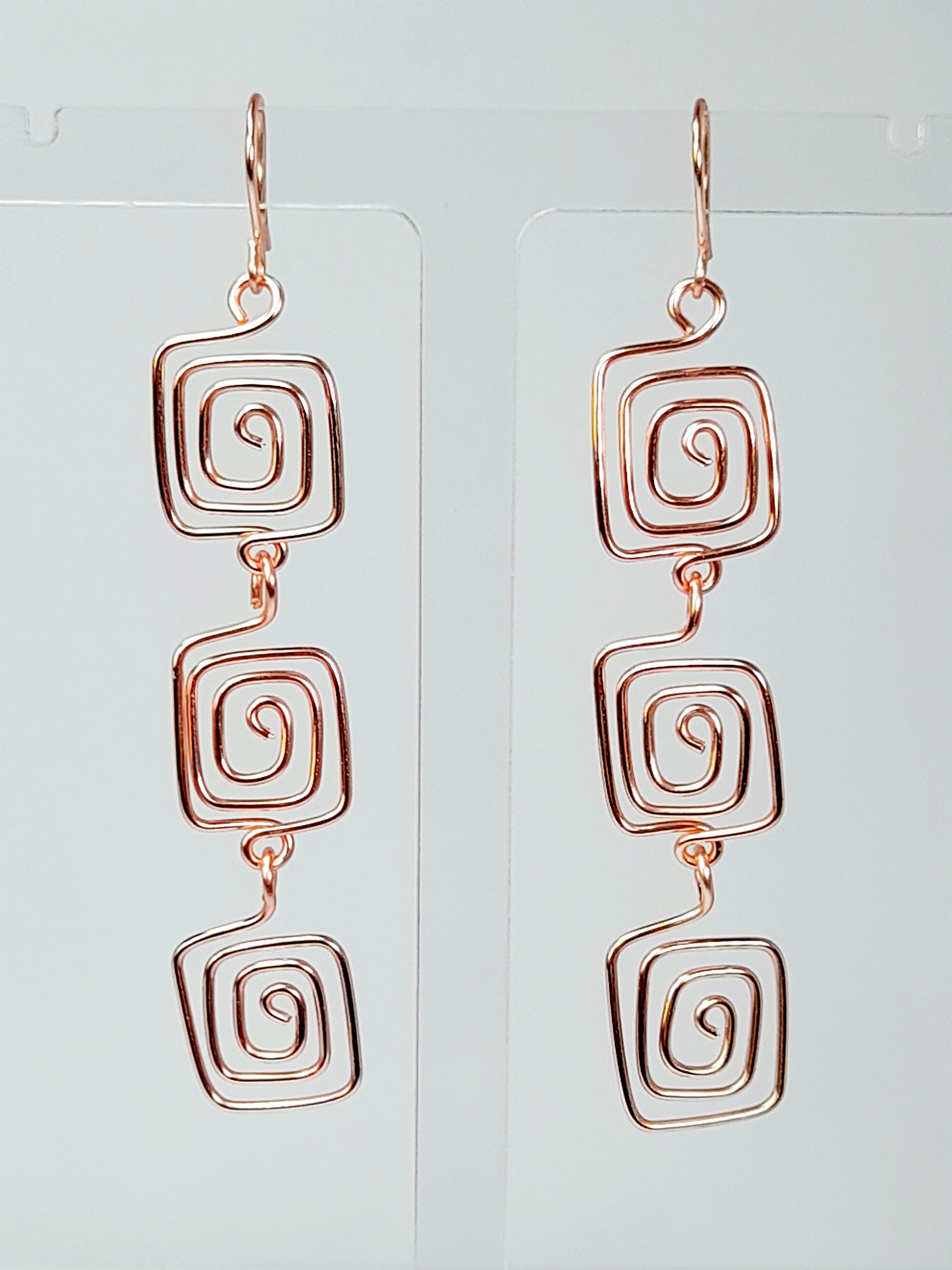 Handmade Rose Gold‑Plated Square Spiral Earrings, Large Geometric Statement Dangle Jewellery