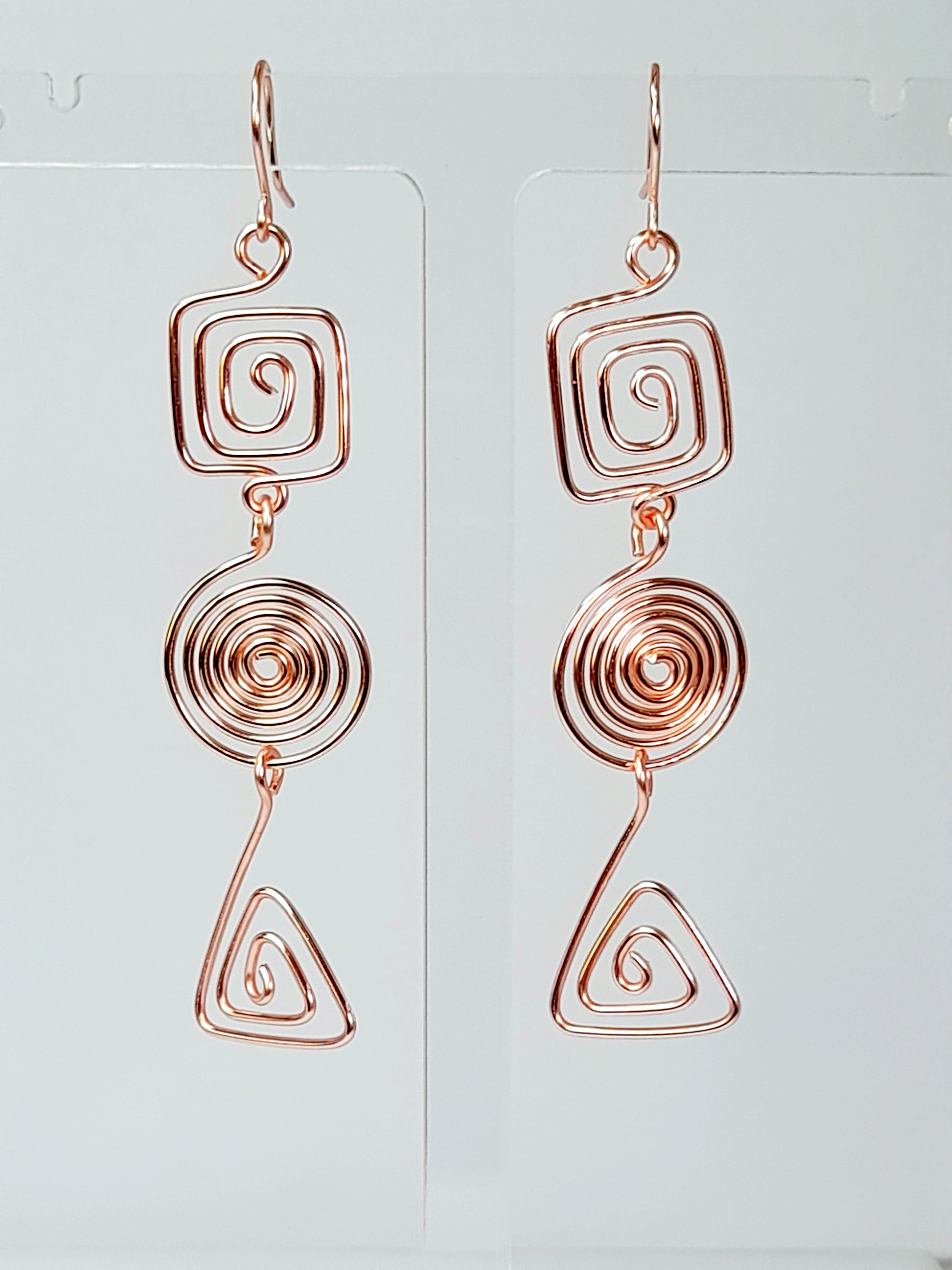 Geometric Rose Gold Spiral Earrings, Handmade Lightweight Statement Dangles