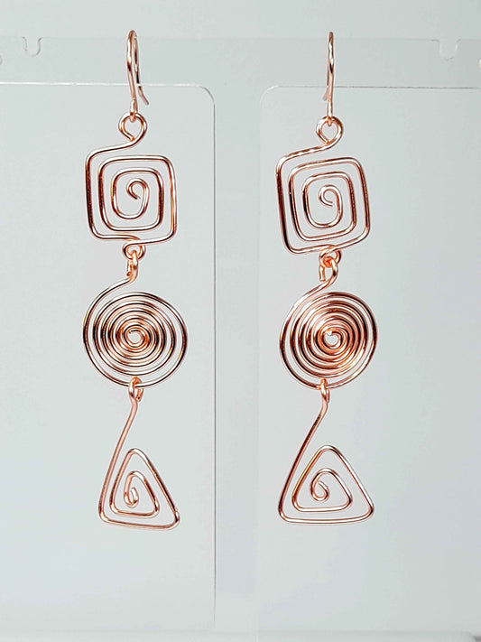 Geometric Rose Gold Spiral Earrings, Handmade Lightweight Statement Dangles