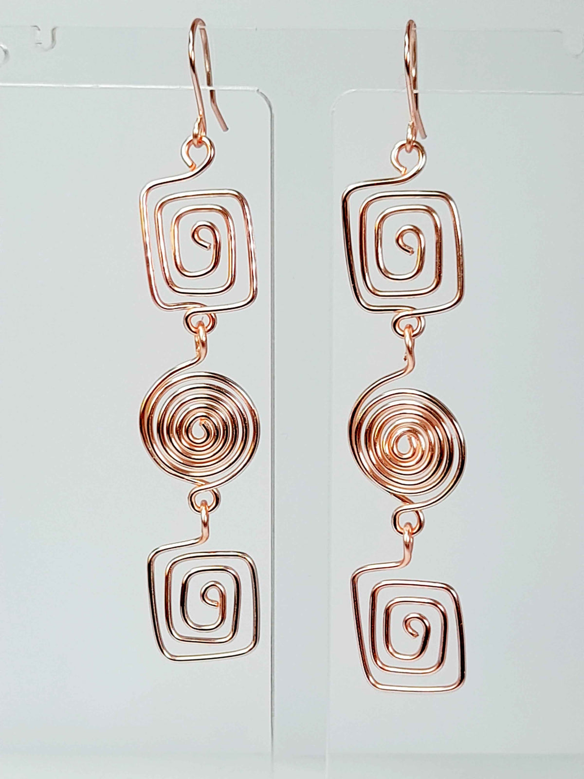 Long Geometric Spiral Rose Gold Drop Earrings, Handmade Gold‑Plated Statement Jewellery