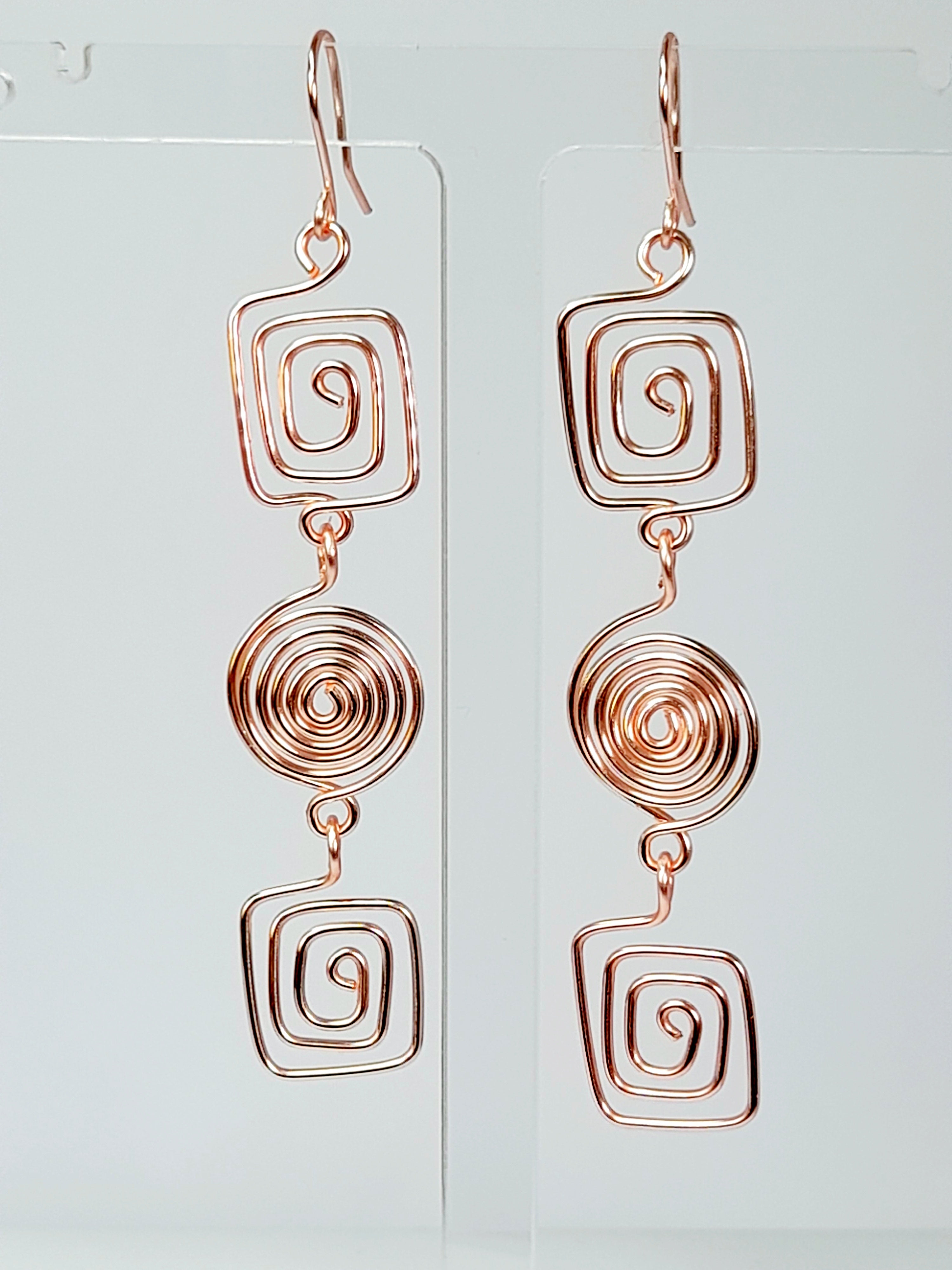 Long Geometric Spiral Rose Gold Drop Earrings, Handmade Gold‑Plated Statement Jewellery