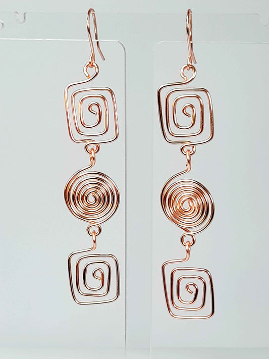 Long Geometric Spiral Rose Gold Drop Earrings, Handmade Gold‑Plated Statement Jewellery