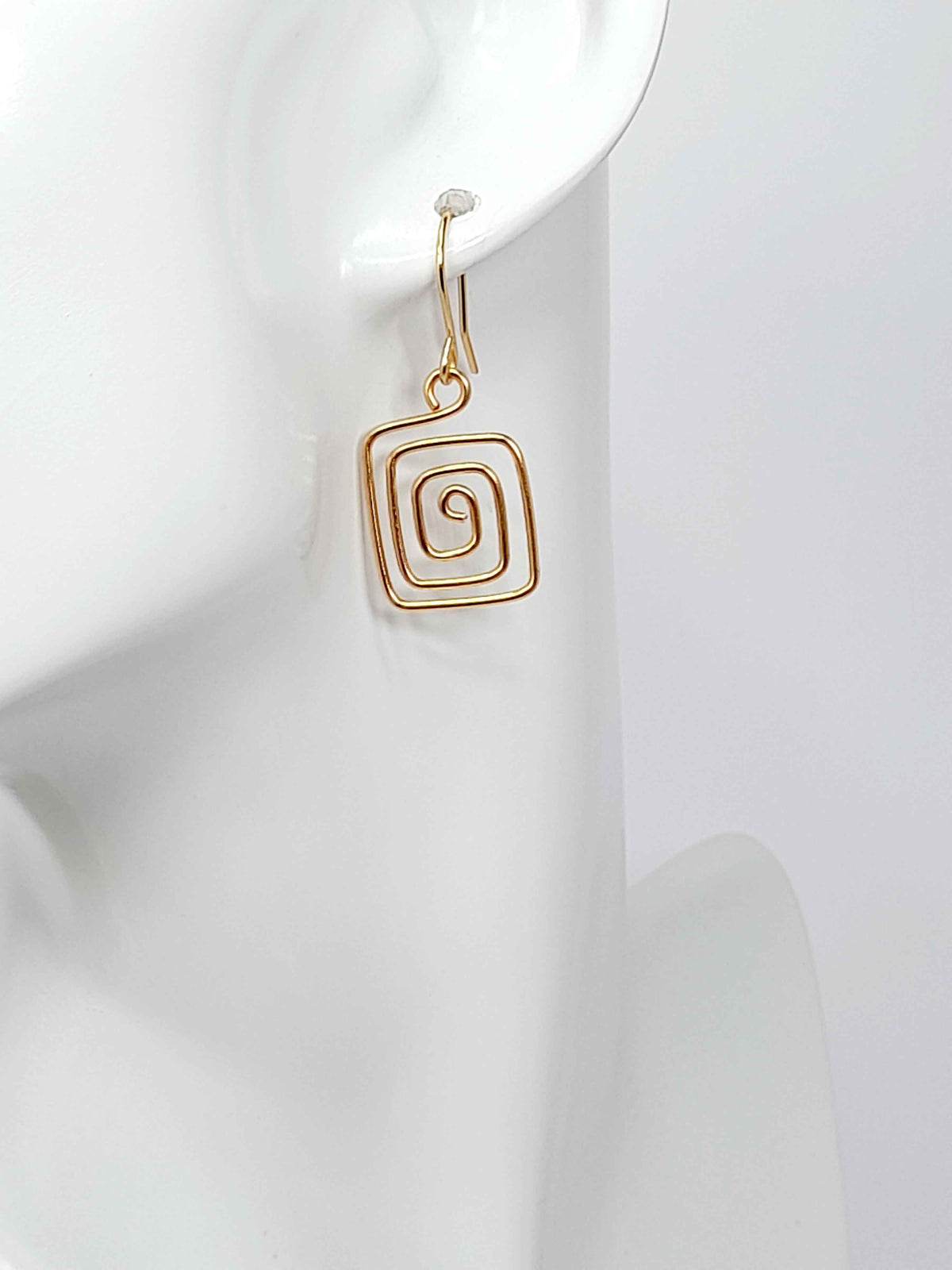 Handmade Gold Spiral Square Earrings, Dainty Lightweight Geometric Drops