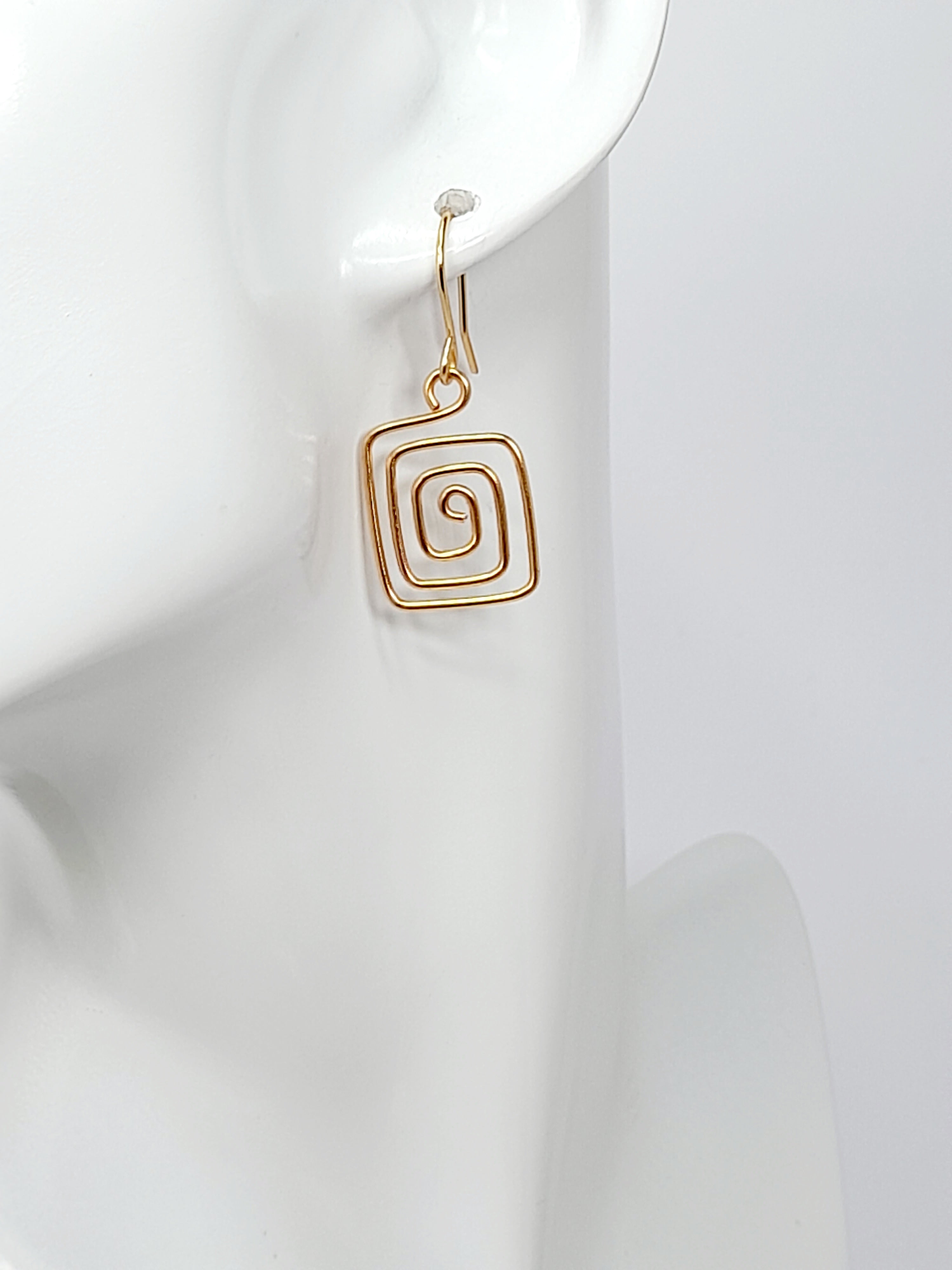 Handmade Gold Spiral Square Earrings, Dainty Lightweight Geometric Drops