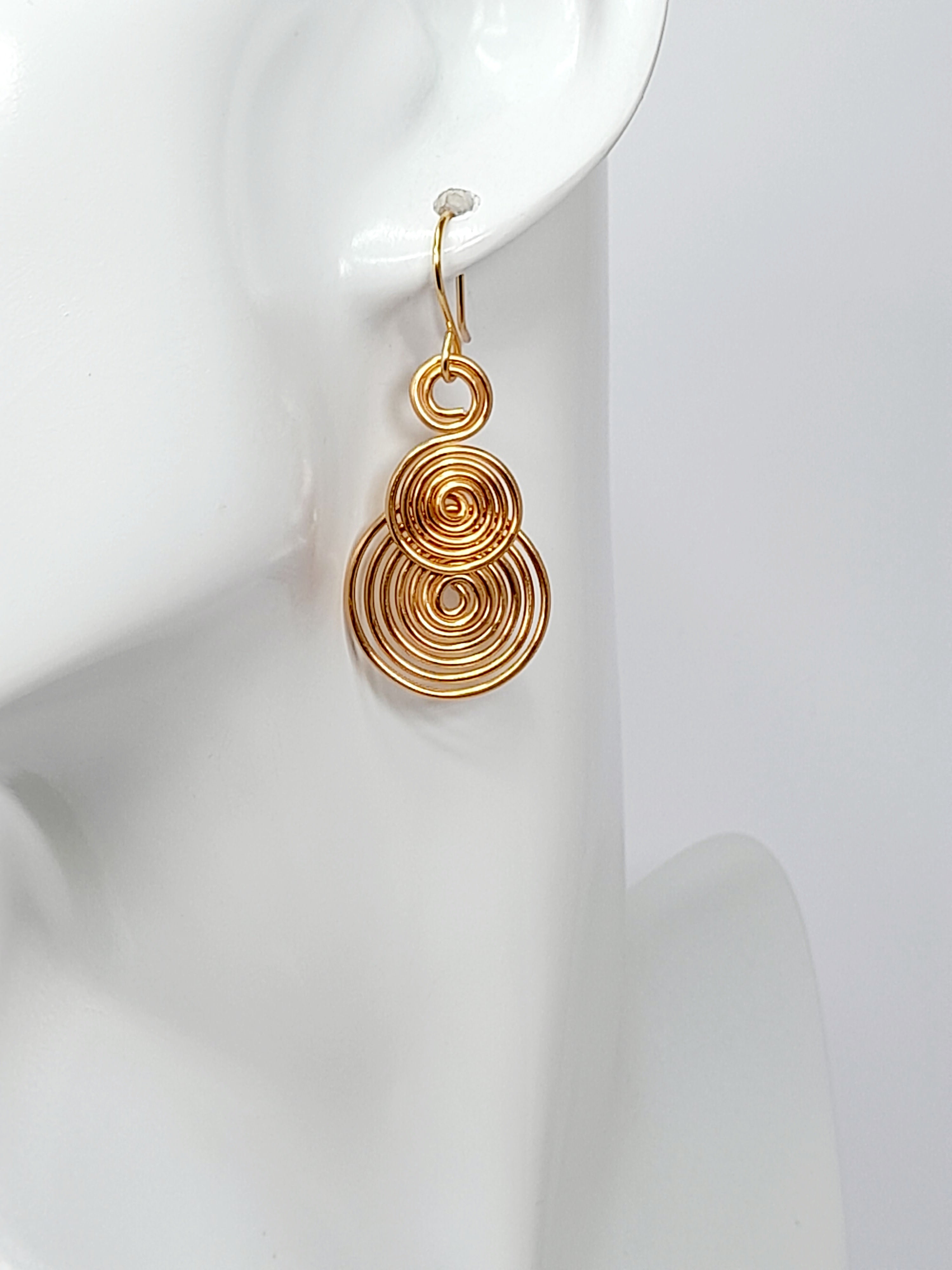 Handmade Gold Triple‑Spiral Earrings, Lightweight Non‑Tarnish Swirl Drops