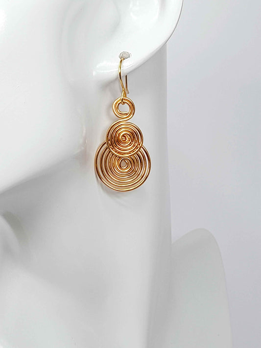 Handmade Gold Triple‑Spiral Earrings, Lightweight Non‑Tarnish Swirl Drops