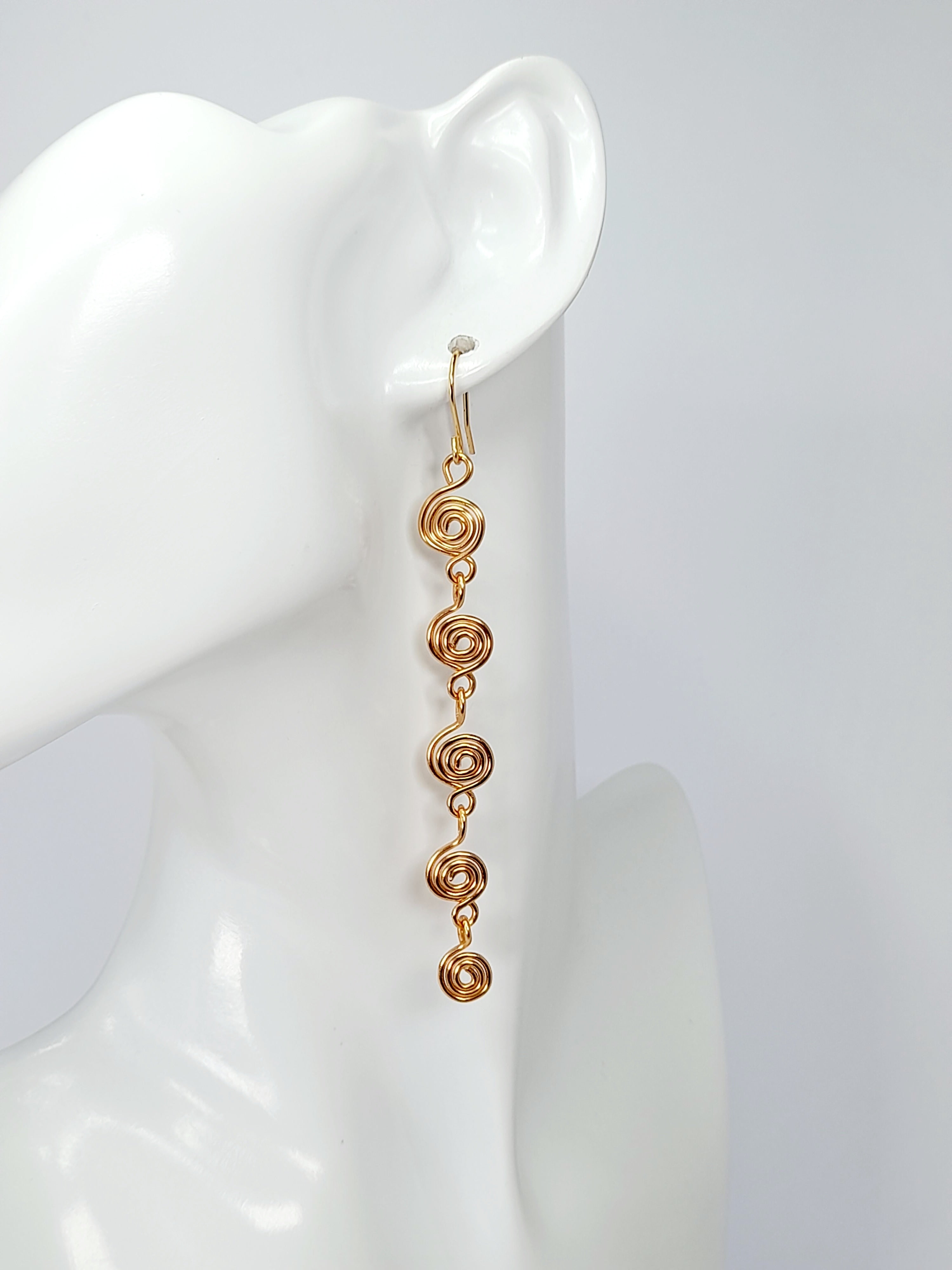Handmade Gold‑Plated Long Spiral Earrings, Lightweight Five‑Spiral Geometric Dangle Jewellery