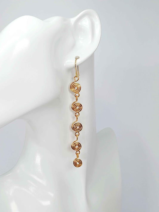 Handmade Gold‑Plated Long Spiral Earrings, Lightweight Five‑Spiral Geometric Dangle Jewellery