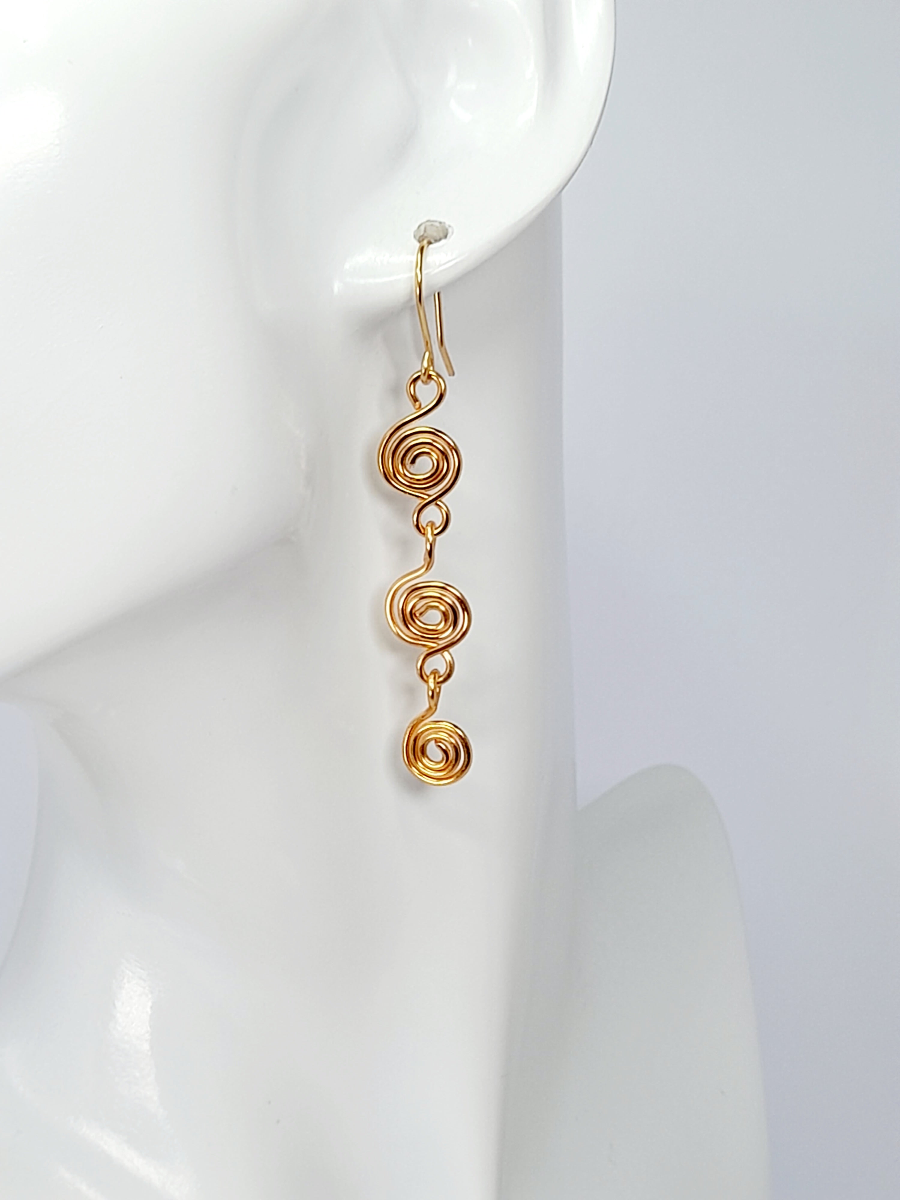 Handmade Gold‑Plated Spiral Drop Earrings, Lightweight Statement Dangle Jewellery