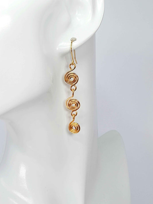 Handmade Gold‑Plated Spiral Drop Earrings, Lightweight Statement Dangle Jewellery
