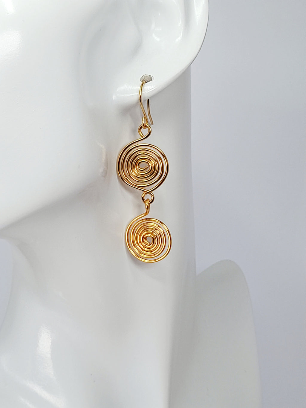 Handmade Gold‑Plated Spiral Earrings, Lightweight Geometric Two‑Spiral Dangle Jewellery