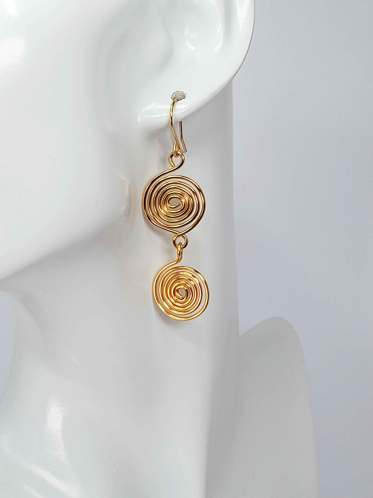 Handmade Gold‑Plated Spiral Earrings, Lightweight Geometric Two‑Spiral Dangle Jewellery