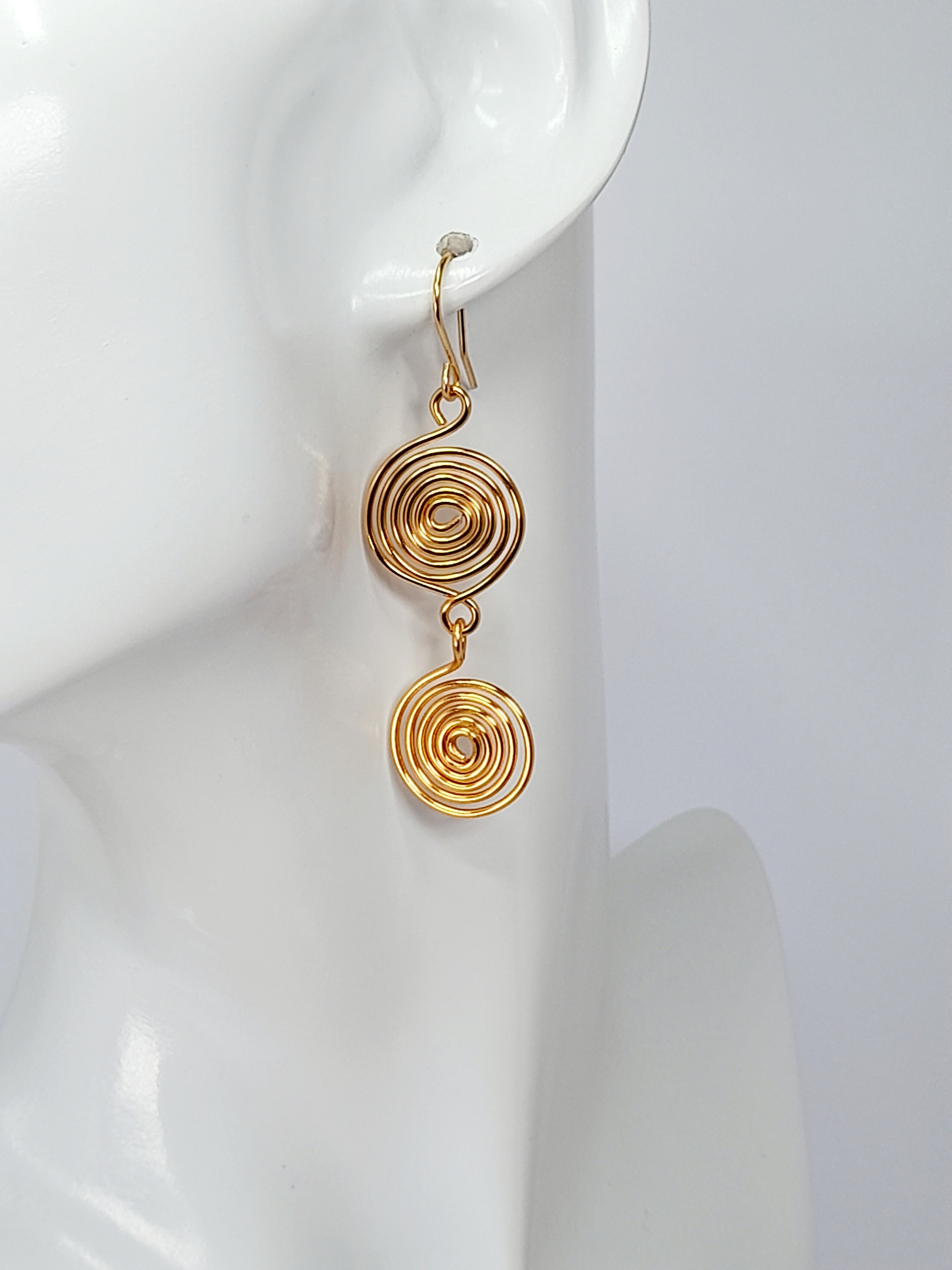 Handmade Gold‑Plated Spiral Earrings, Lightweight Geometric Two‑Spiral Dangle Jewellery
