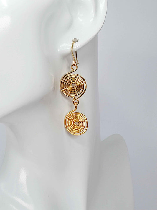 Handmade Gold‑Plated Spiral Earrings, Lightweight Geometric Two‑Spiral Dangle Jewellery