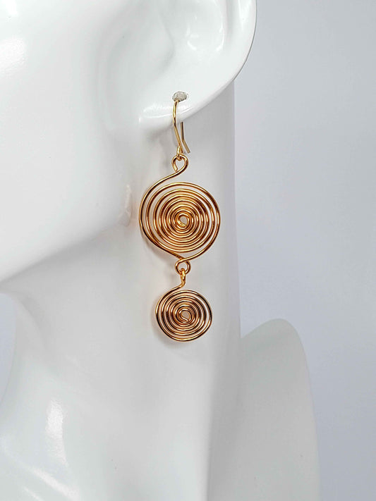 Handmade Gold‑Plated Spiral Earrings, Geometric Double‑Spiral Drop Jewellery