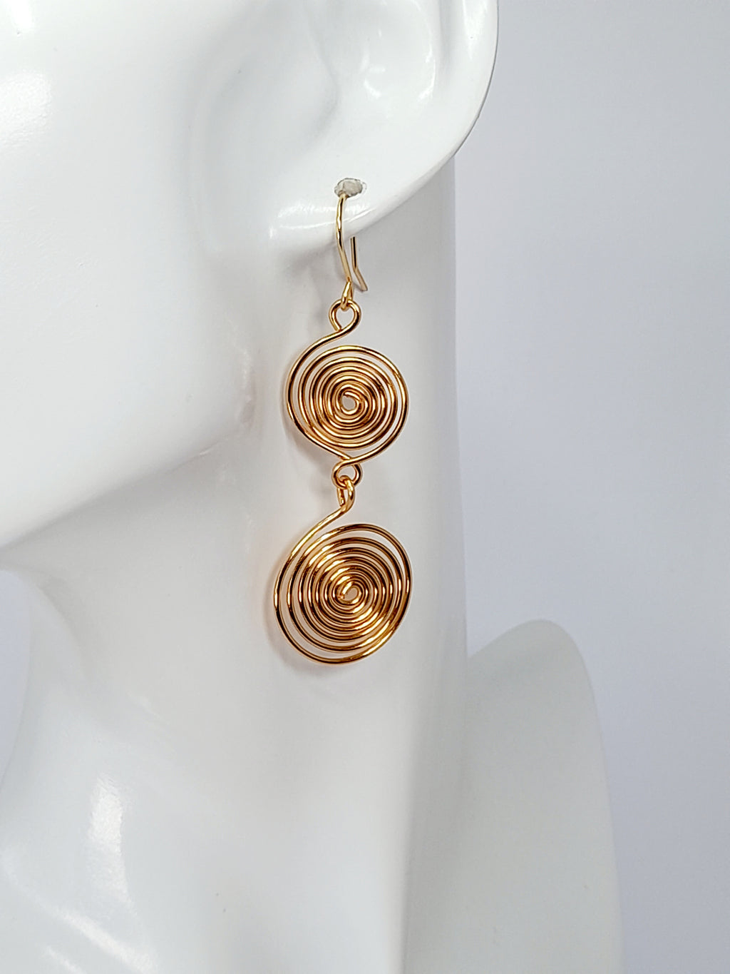 Handmade Gold‑Plated Spiral Earrings, Geometric Double Spiral Drop Jewellery