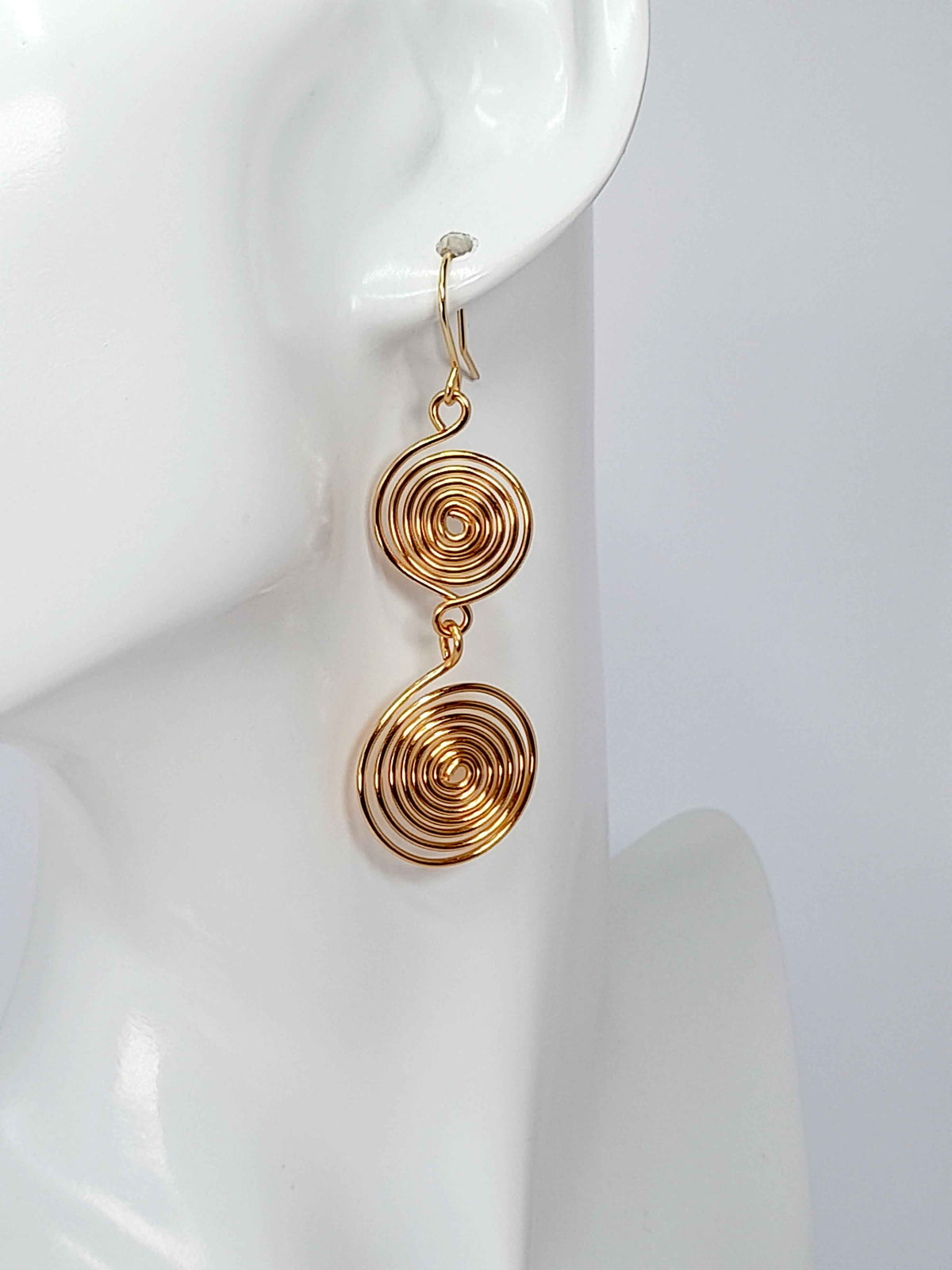 Handmade Gold‑Plated Spiral Earrings, Geometric Double Spiral Drop Jewellery