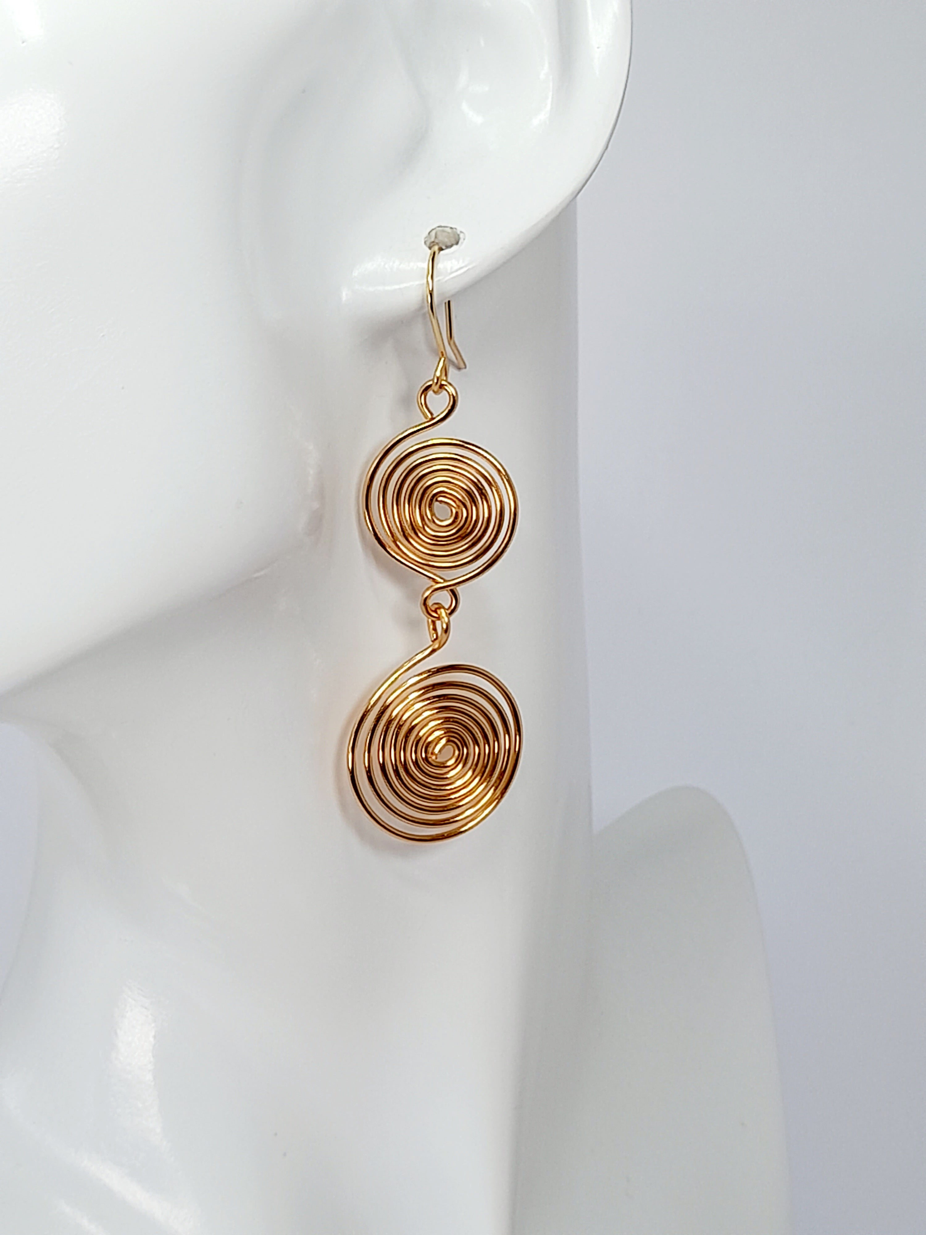Handmade Gold‑Plated Spiral Earrings, Geometric Double Spiral Drop Jewellery