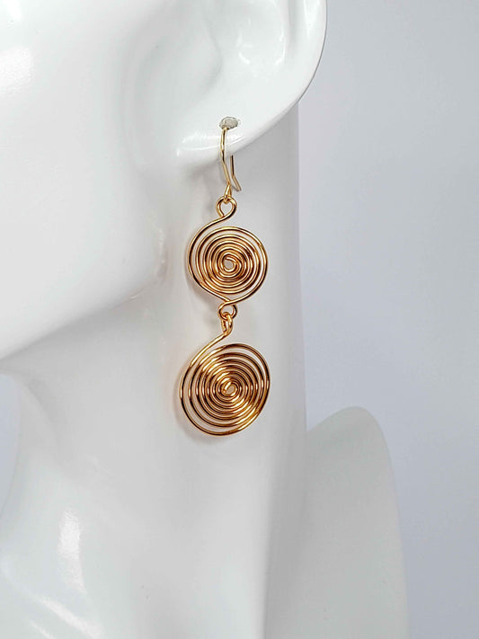 Handmade Gold‑Plated Spiral Earrings, Geometric Double Spiral Drop Jewellery