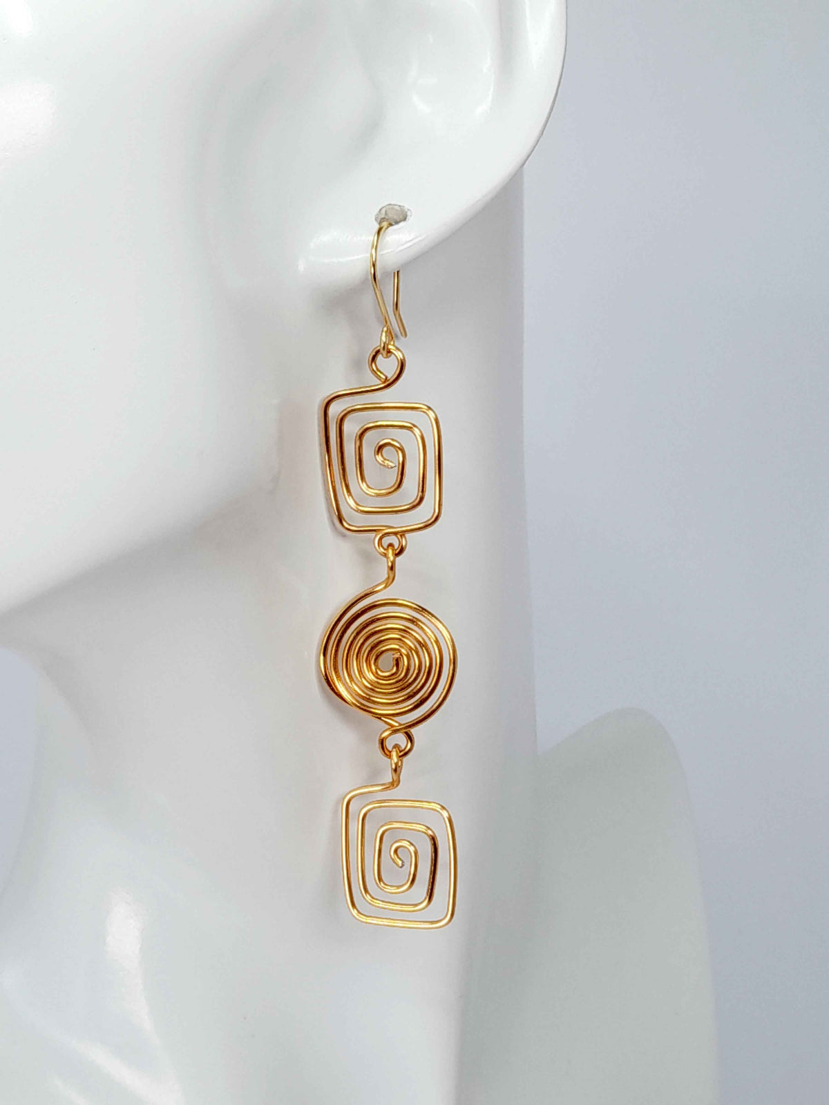 Long Geometric Spiral Gold Drop Earrings, Handmade Gold‑Plated Statement Jewellery