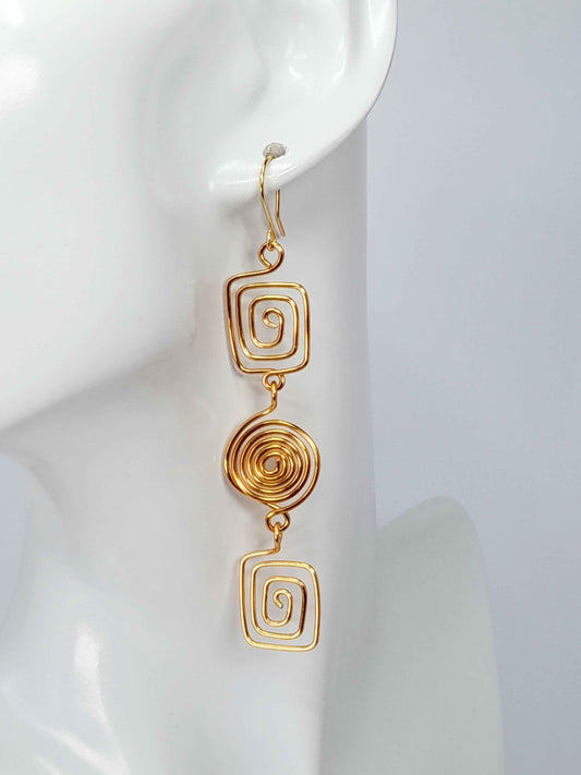 Long Geometric Spiral Gold Drop Earrings, Handmade Gold‑Plated Statement Jewellery