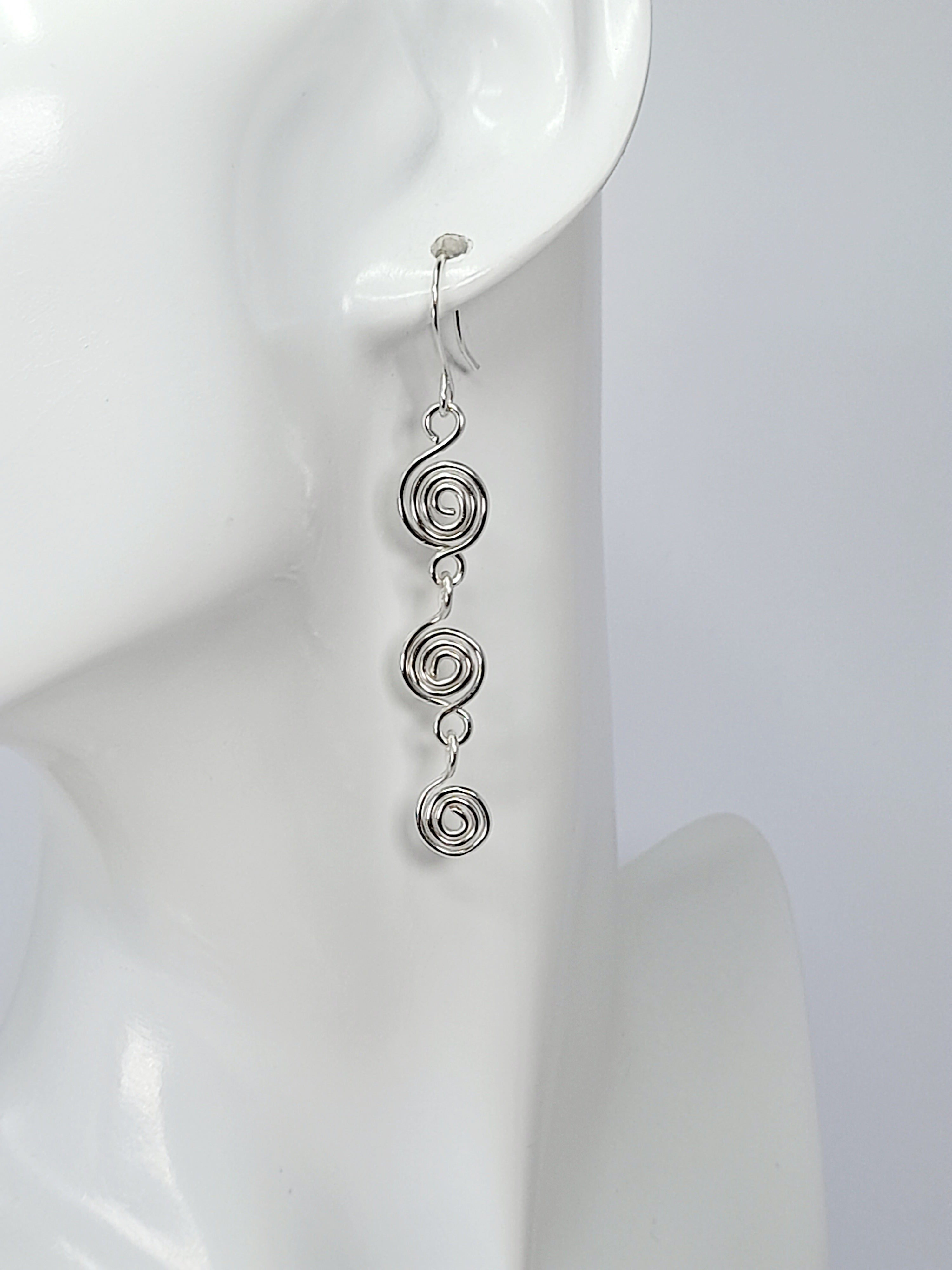 Handmade Silver‑Plated Spiral Drop Earrings, Lightweight Statement Dangle Jewellery