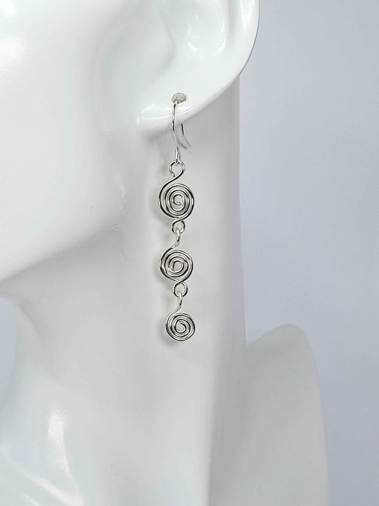 Handmade Silver‑Plated Spiral Drop Earrings, Lightweight Statement Dangle Jewellery