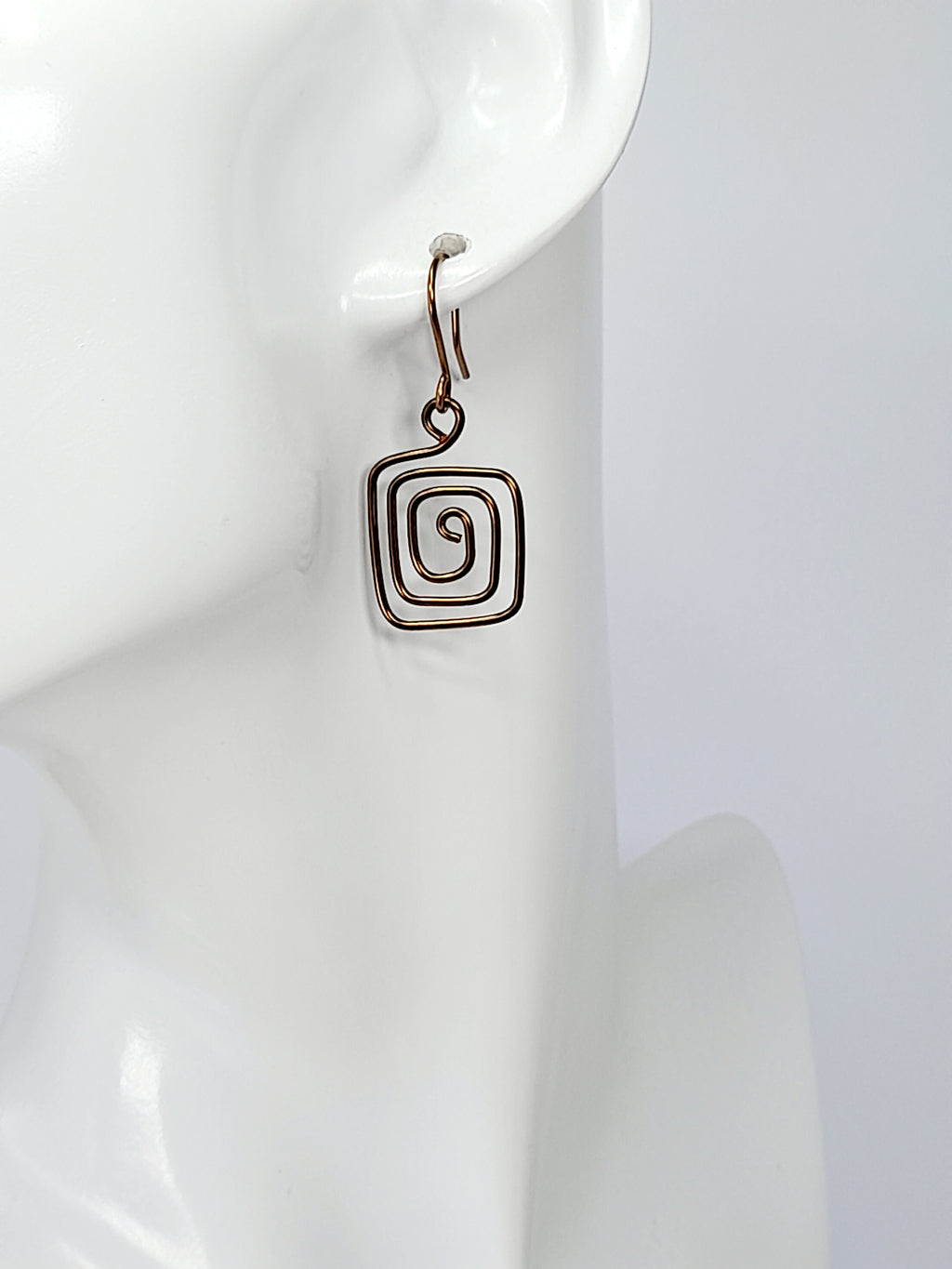 Handmade Bronze Spiral Square Earrings, Dainty Lightweight Geometric Drops