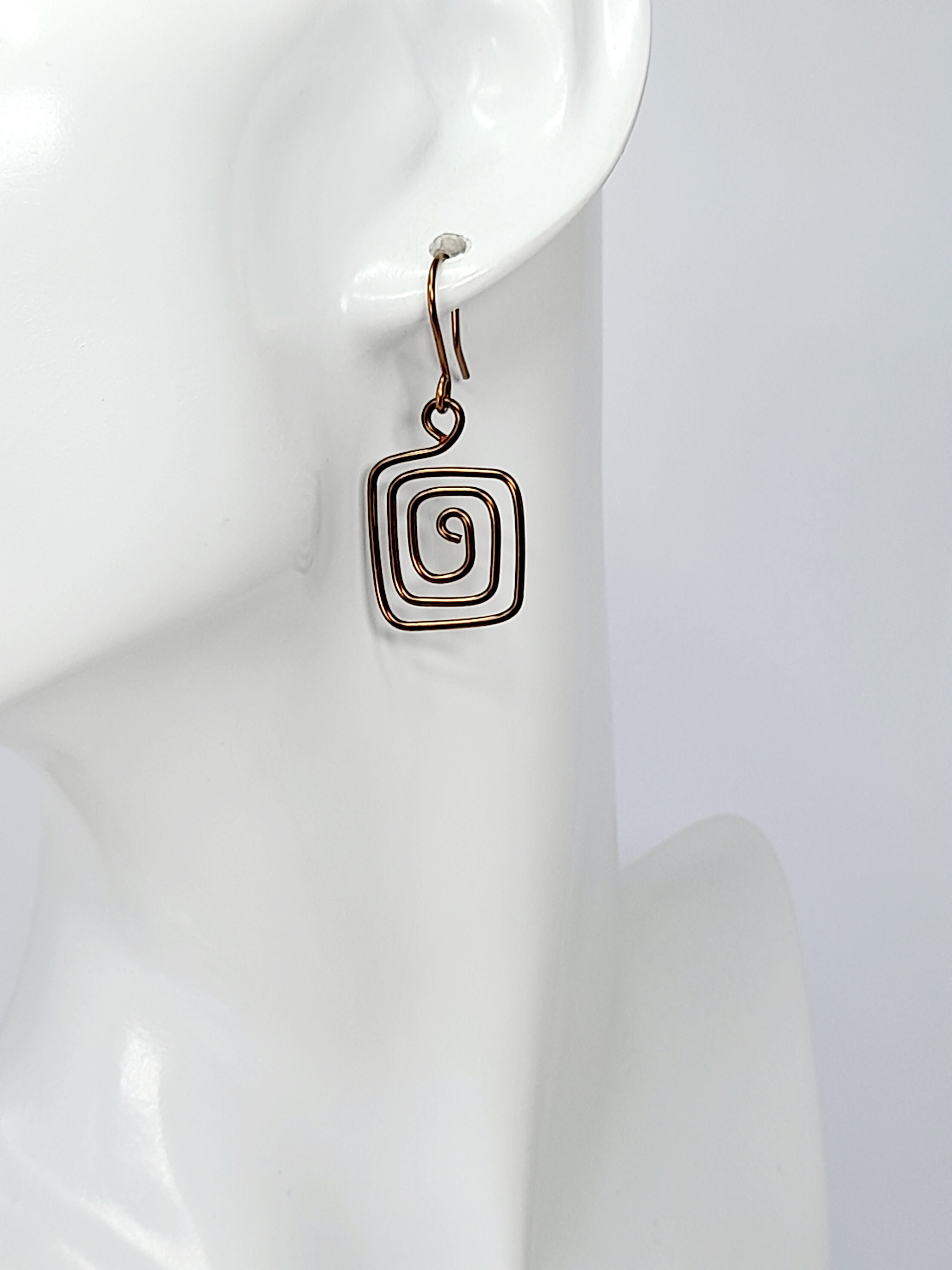 Handmade Bronze Spiral Square Earrings, Dainty Lightweight Geometric Drops
