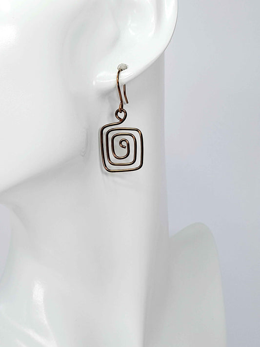 Handmade Bronze Spiral Square Earrings, Dainty Lightweight Geometric Drops