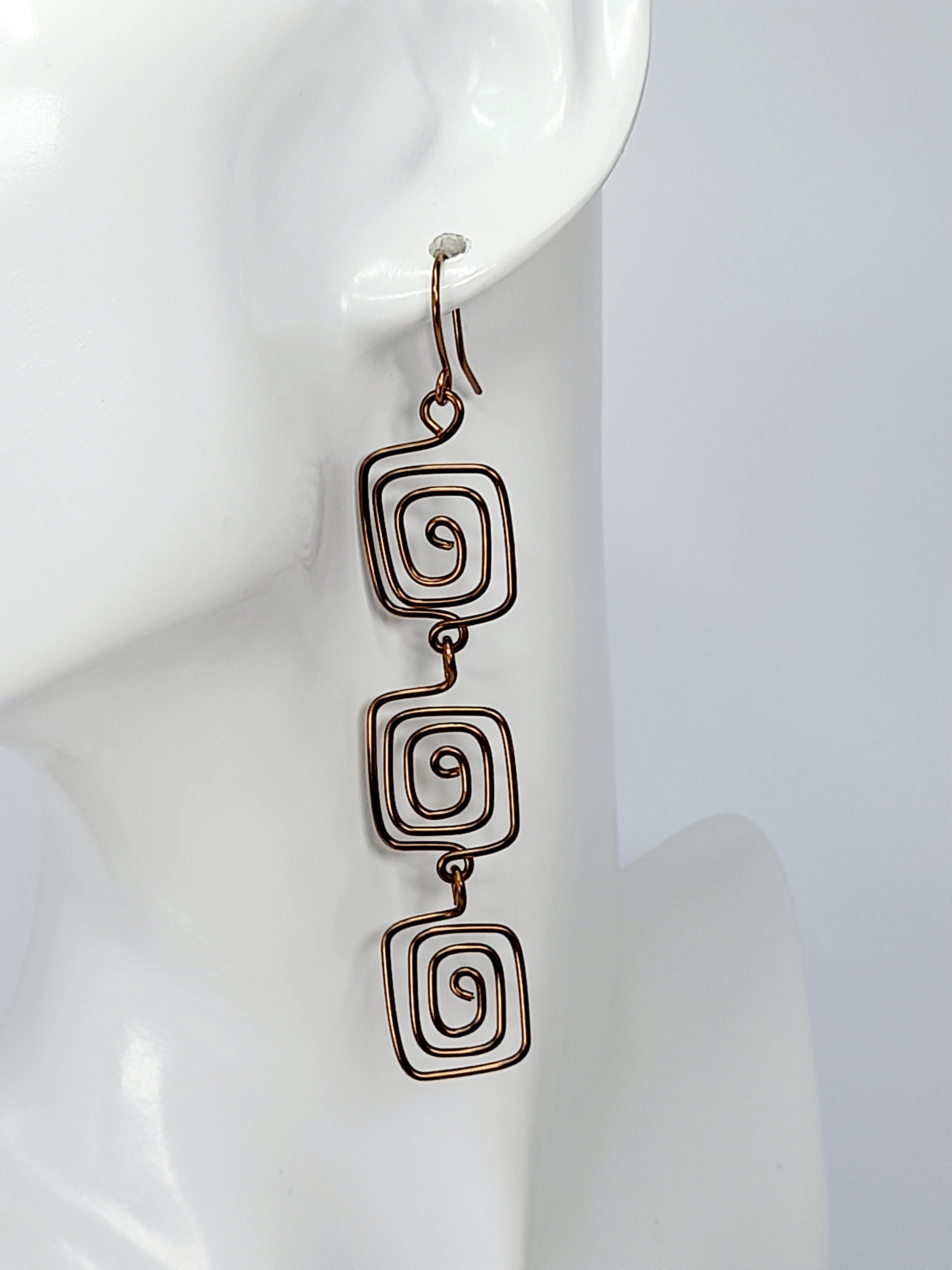 Handmade Bronze‑Plated Square Spiral Earrings, Large Geometric Statement Dangle Jewellery