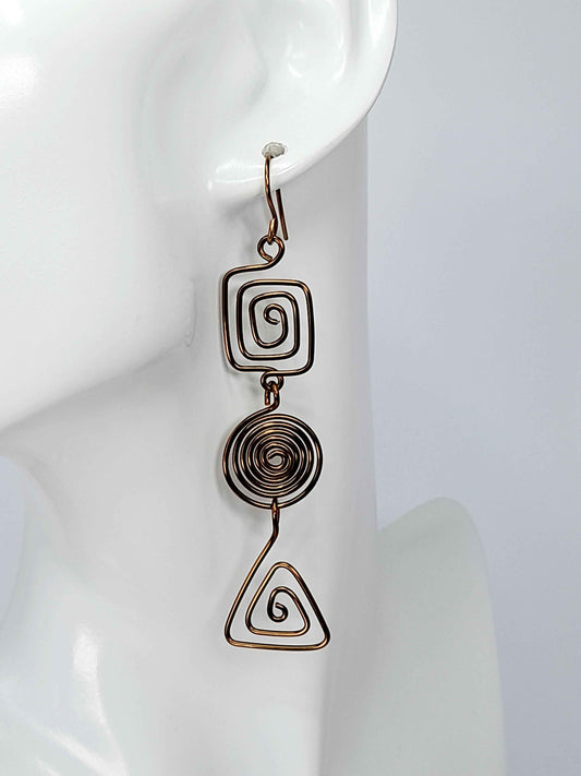 Geometric Bronze Spiral Earrings, Handmade Lightweight Statement Dangles
