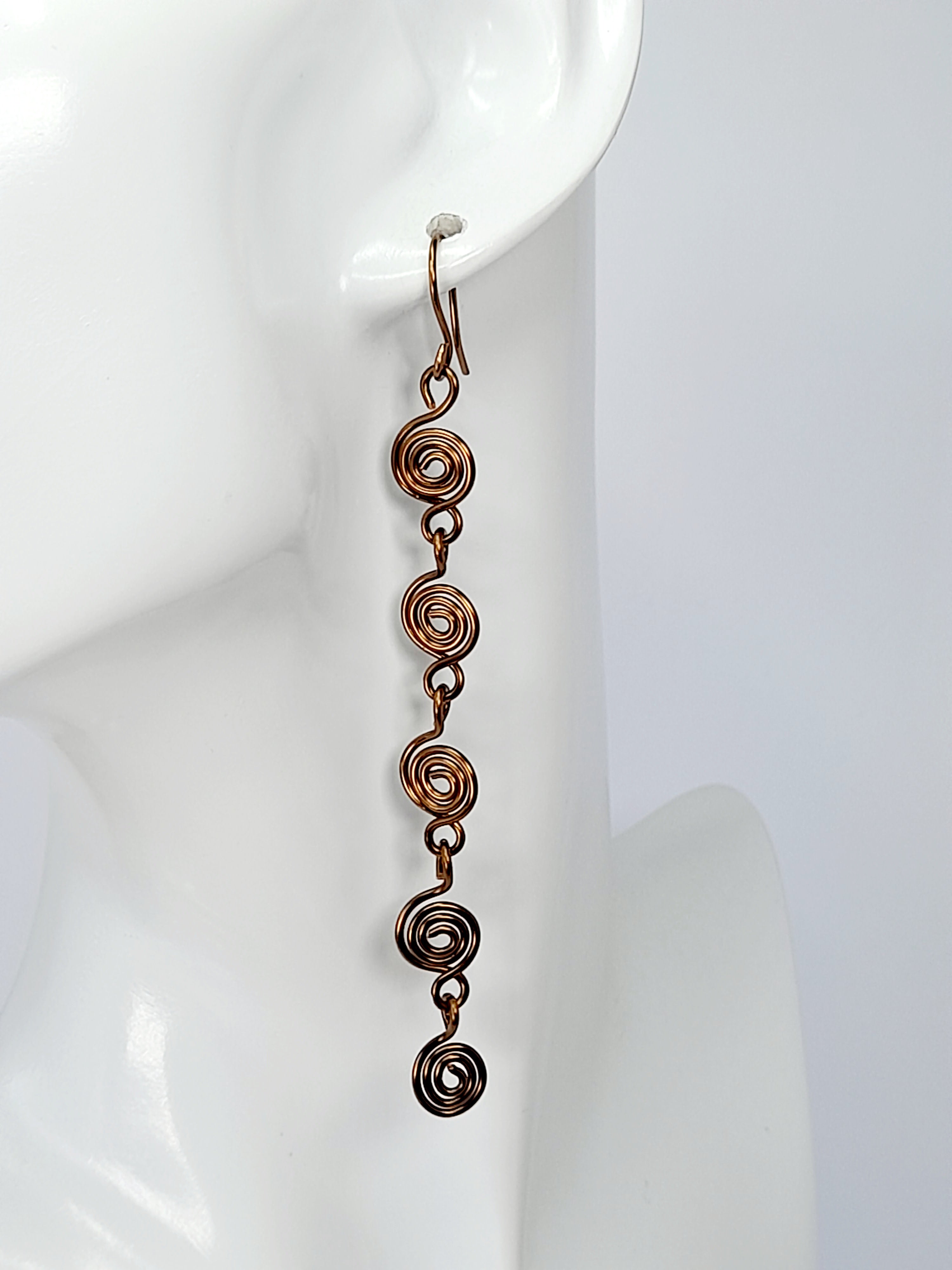 Handmade Bronze‑Plated Long Spiral Earrings, Lightweight Five‑Spiral Geometric Dangle Jewellery