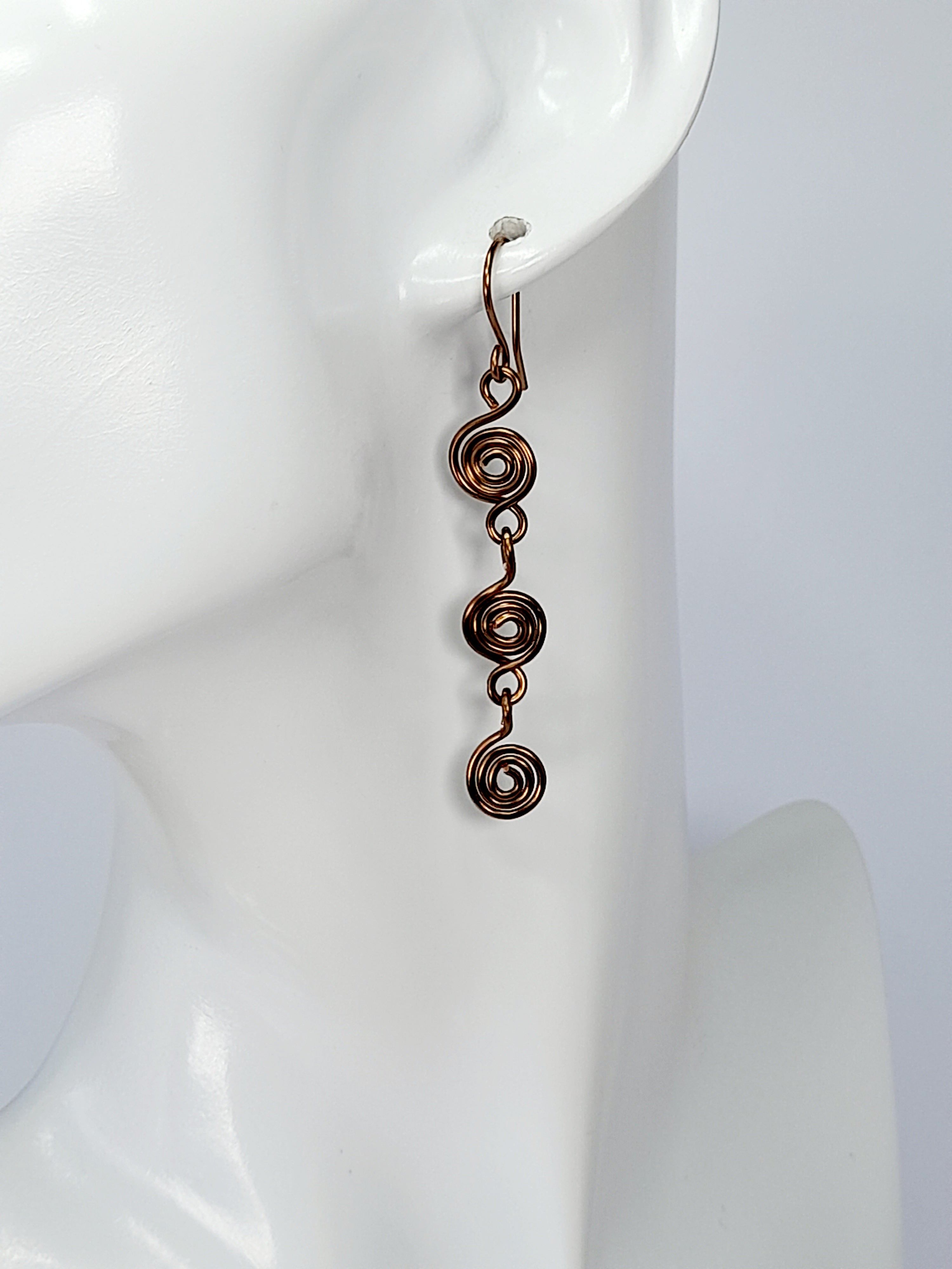 Handmade Bronze‑Plated Spiral Drop Earrings, Lightweight Statement Dangle Jewellery