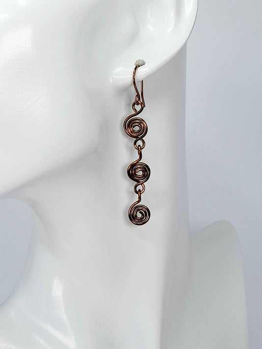 Handmade Bronze‑Plated Spiral Drop Earrings, Lightweight Statement Dangle Jewellery