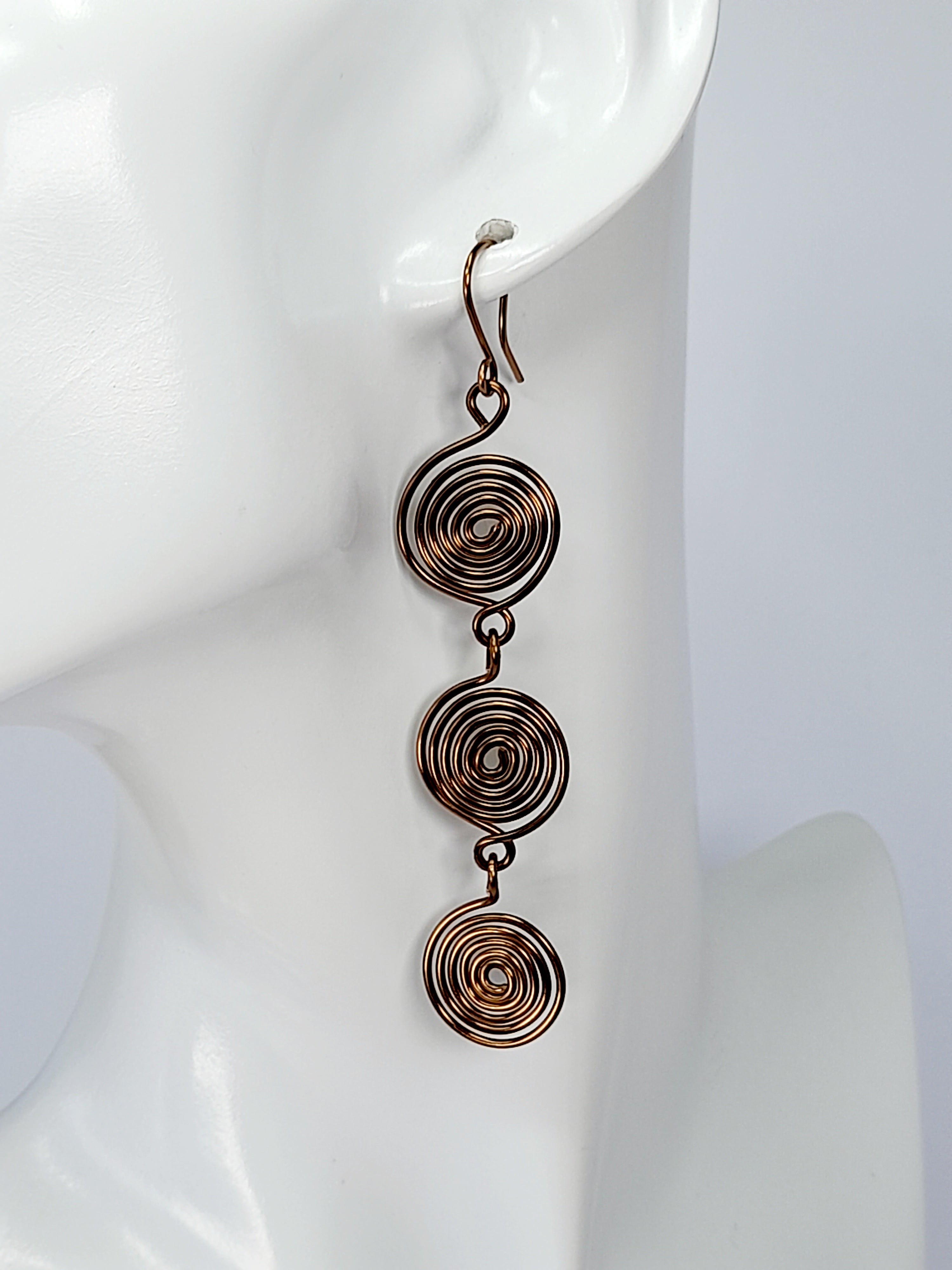 Handmade Bronze‑Plated Spiral  Earrings, Lightweight Statement Dangle Jewellery