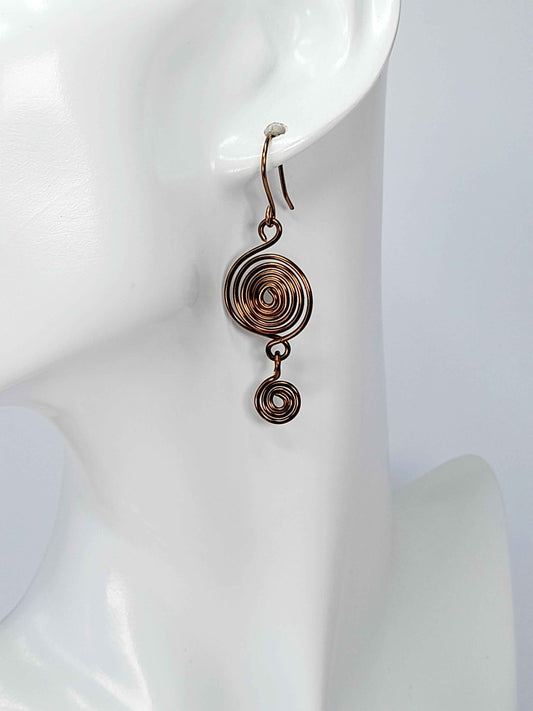 Handmade Bronze‑Plated  Spiral Earrings, Geometric Double Spiral Dangle Jewellery