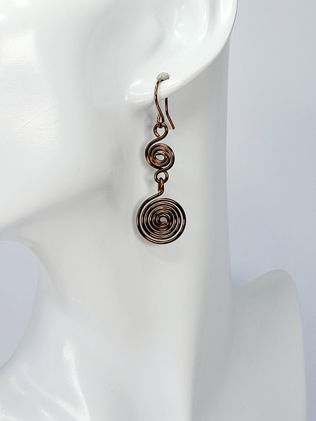 Handmade Bronze‑Plated Double Spiral Earrings, Geometric Spiral Drop Jewellery