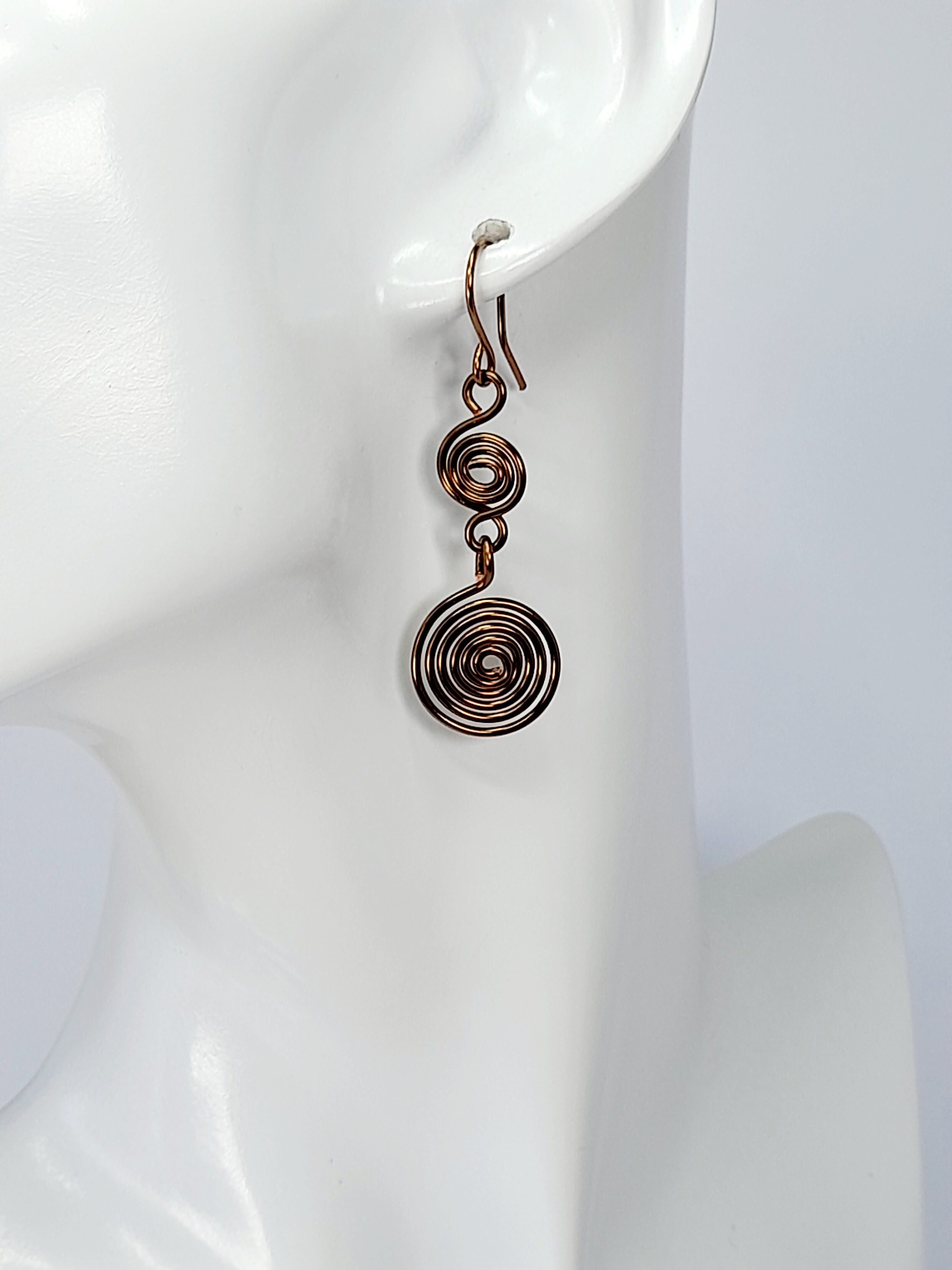 Handmade Bronze‑Plated Double Spiral Earrings, Geometric Spiral Drop Jewellery