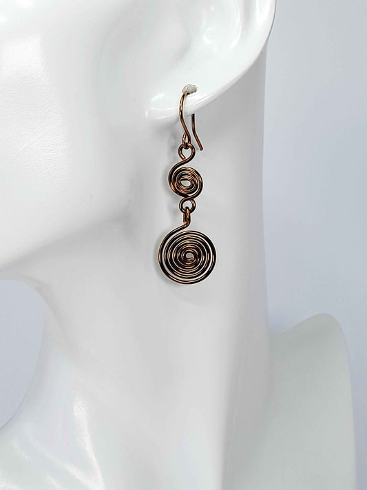 Handmade Bronze‑Plated Double Spiral Earrings, Geometric Spiral Drop Jewellery
