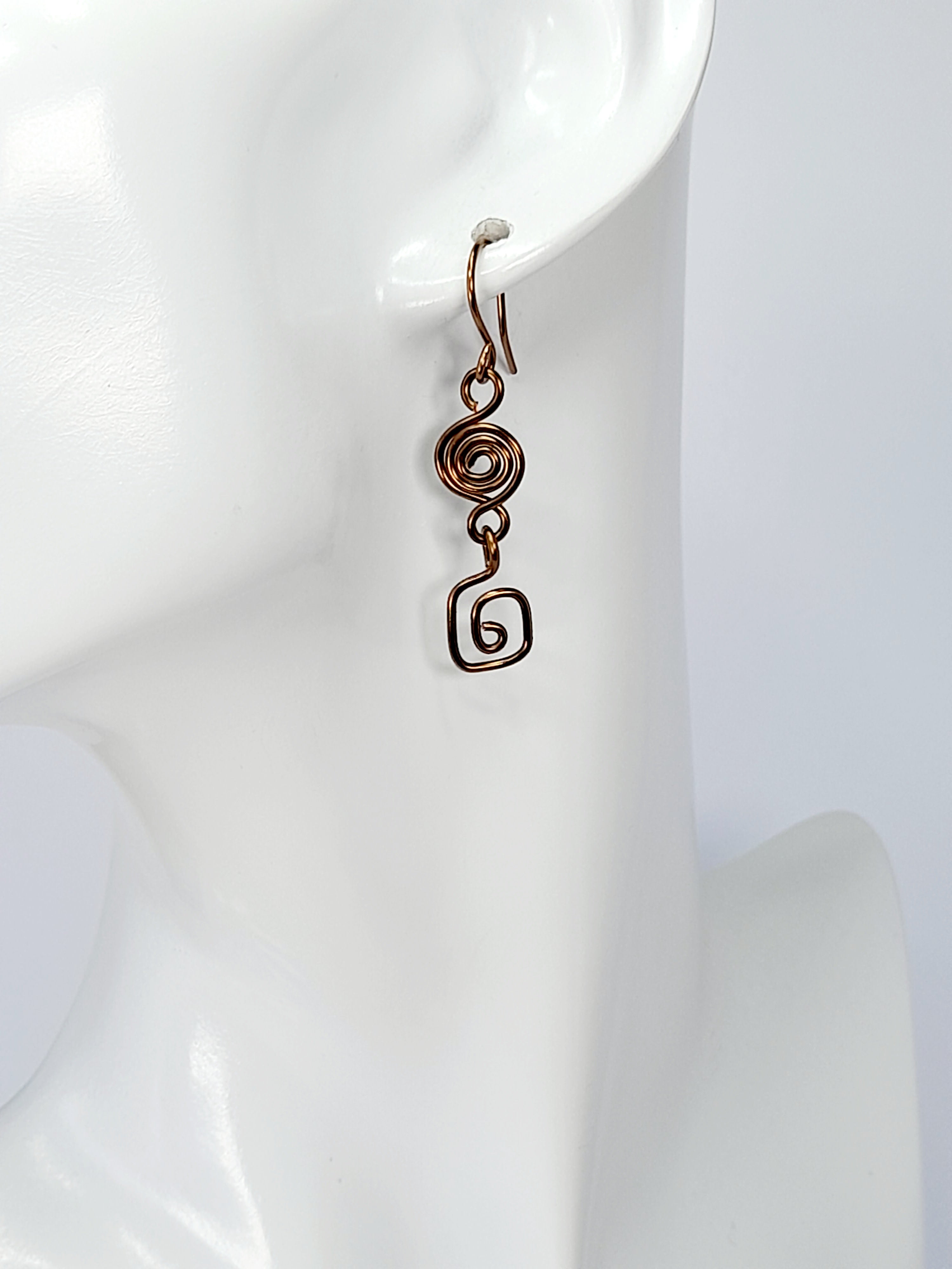 Handmade Small Bronze Spiral Drop Earrings, Dainty Round & Square Spiral Design
