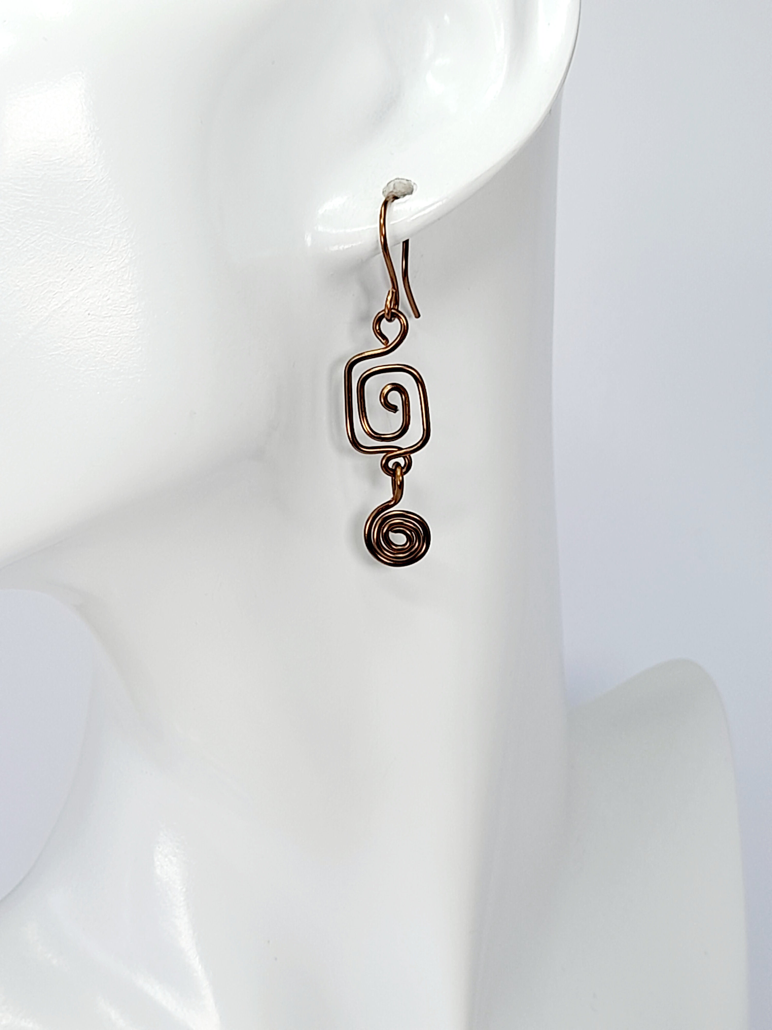 Small Handmade Bronze Spiral Earrings, Dainty Round & Square Design