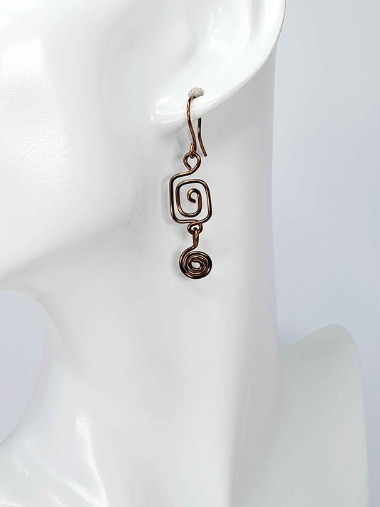 Small Handmade Bronze Spiral Earrings, Dainty Round & Square Design