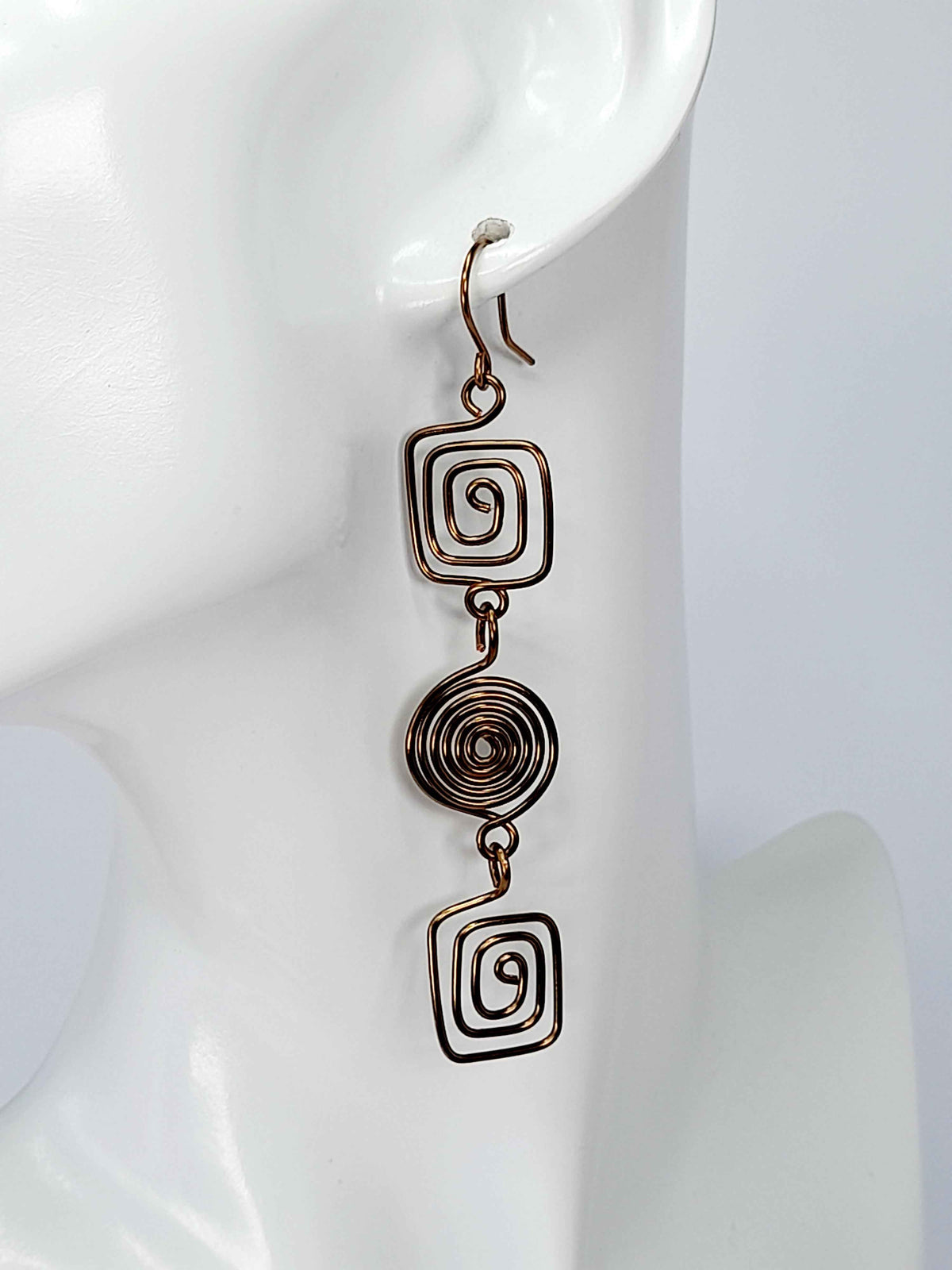 Long Geometric Spiral Bronze Drop Earrings, Handmade Gold‑Plated Statement Jewellery