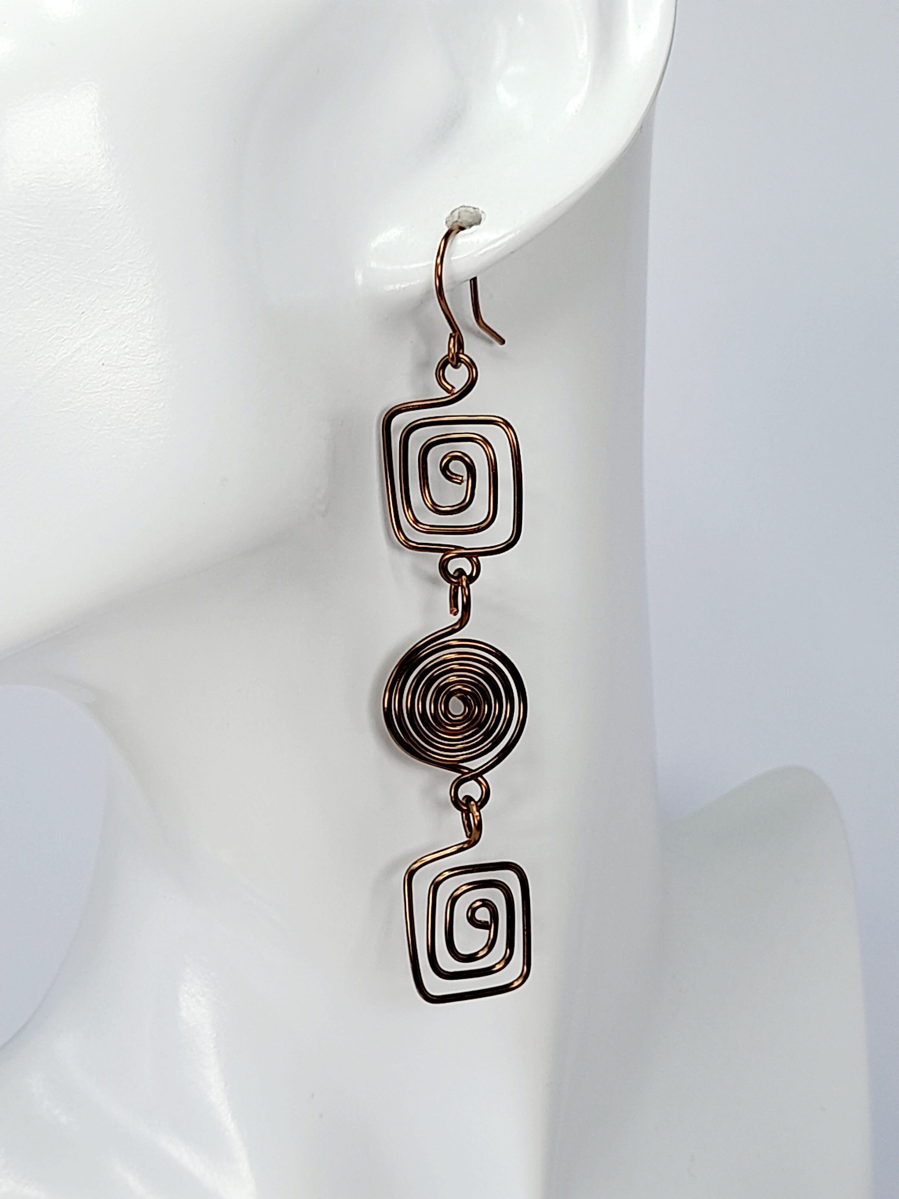 Long Geometric Spiral Bronze Drop Earrings, Handmade Gold‑Plated Statement Jewellery