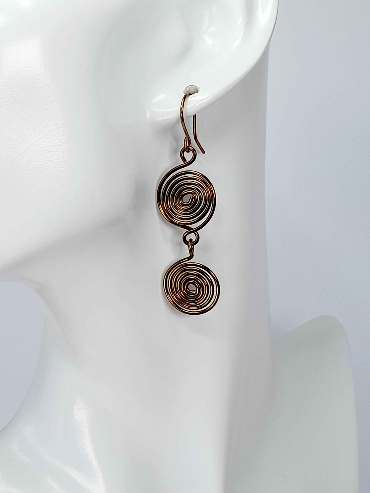 Handmade Bronze‑Plated Spiral Earrings, Lightweight Geometric Two‑Spiral Dangle Jewellery