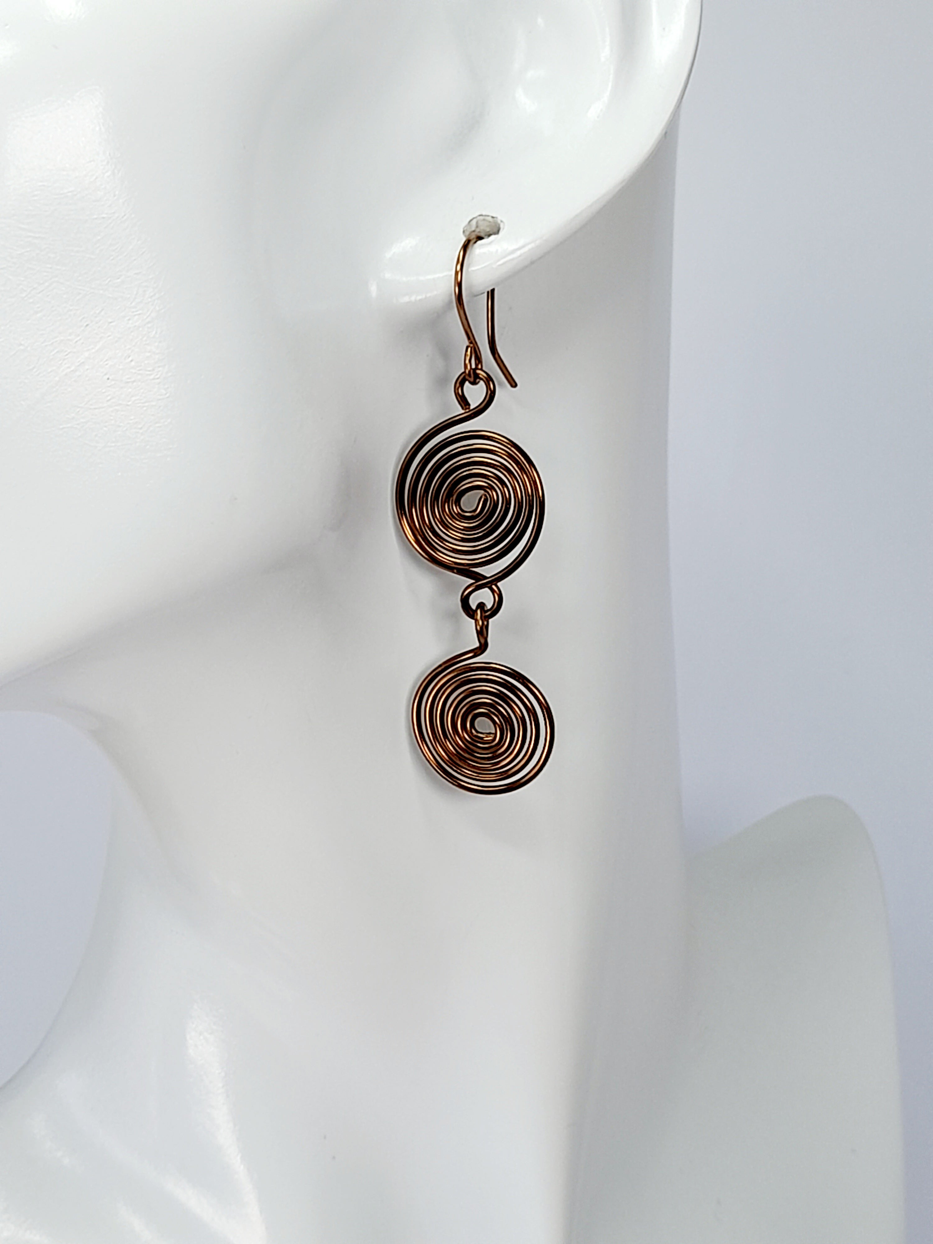 Handmade Bronze‑Plated Spiral Earrings, Lightweight Geometric Two‑Spiral Dangle Jewellery